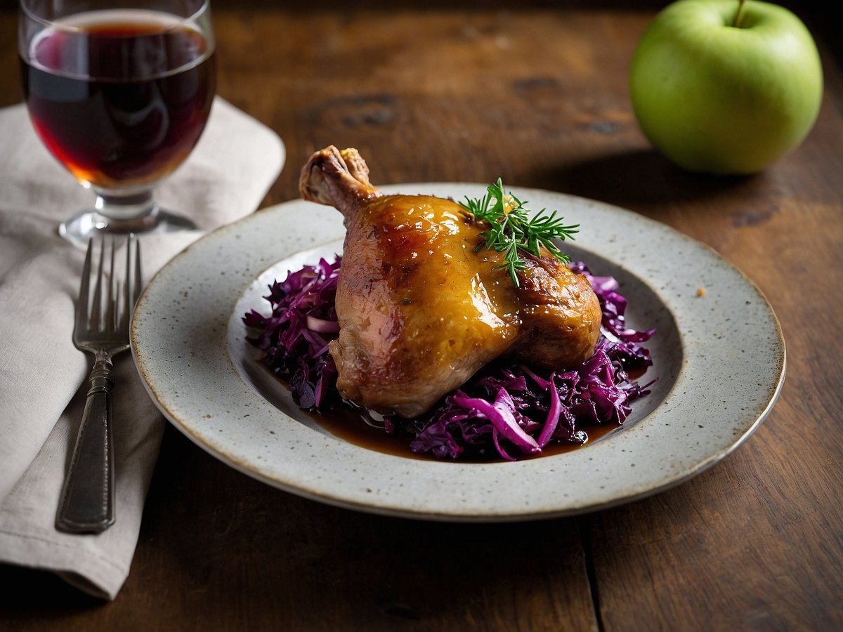 Auf dem Bild sind knusprige Entenkeulen zu sehen, die auf einem Bett aus Apfelrotkohl serviert sind. Die Ente ist glänzend und goldbraun, mit einer dekorativen Beilage aus frischem Kräutern. Neben dem Teller steht ein Glas mit dunklem Getränk und rechts auf dem Tisch liegt ein grüner Apfel. Der Hintergrund zeigt eine Holzoberfläche, die dem Bild eine rustikale Atmosphäre verleiht. Ein Besteckstück liegt ebenfalls auf der linken Seite des Tellers.