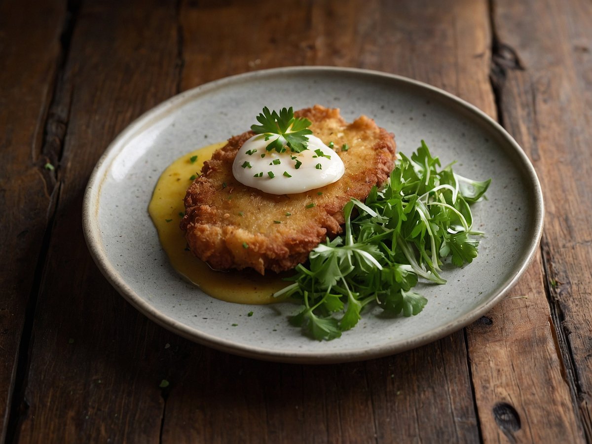 Auf dem Bild ist ein Wiener Schnitzel auf einem grauen Teller zu sehen. Das Schnitzel ist knusprig gebraten und hat eine goldbraune Farbe. Darüber befindet sich ein kleiner Klecks Sauerrahm, garniert mit frischen Kräutern. Neben dem Schnitzel liegt eine als Beilage arrangierte Portion frischer grüner Salat. Der Teller steht auf eine rustikale Holzoberfläche, die eine warme Atmosphäre vermittelt.