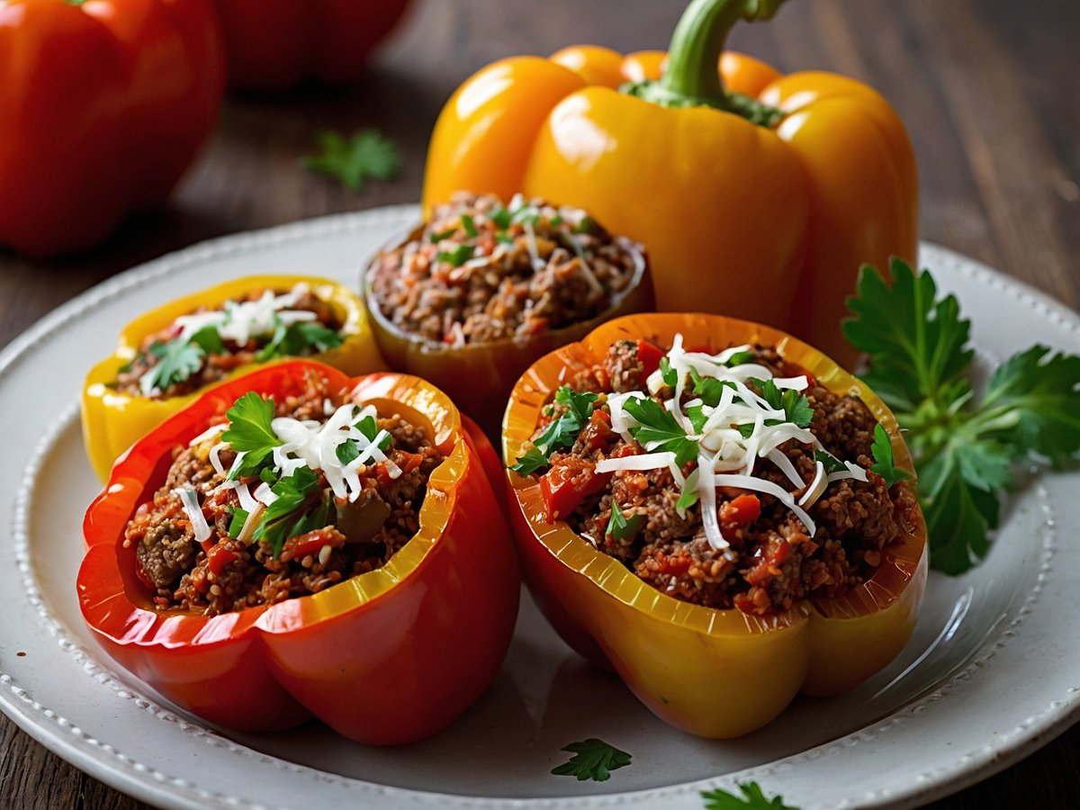 Gefüllte Paprika mit Hackfleisch und Tomatensoße angerichtet auf einem weißen Teller. Die bunten Paprikaschoten in Rot, Gelb und Orange sind großzügig mit einer Mischung aus Hackfleisch, Tomaten und Kräutern gefüllt und mit frischer Petersilie und geriebenem Käse dekoriert. Im Hintergrund sind weitere Paprika sichtbar, die eine gemütliche Küchenatmosphäre vermitteln. Der Holzuntergrund und die natürliche Beleuchtung tragen zur appetitlichen Präsentation bei.