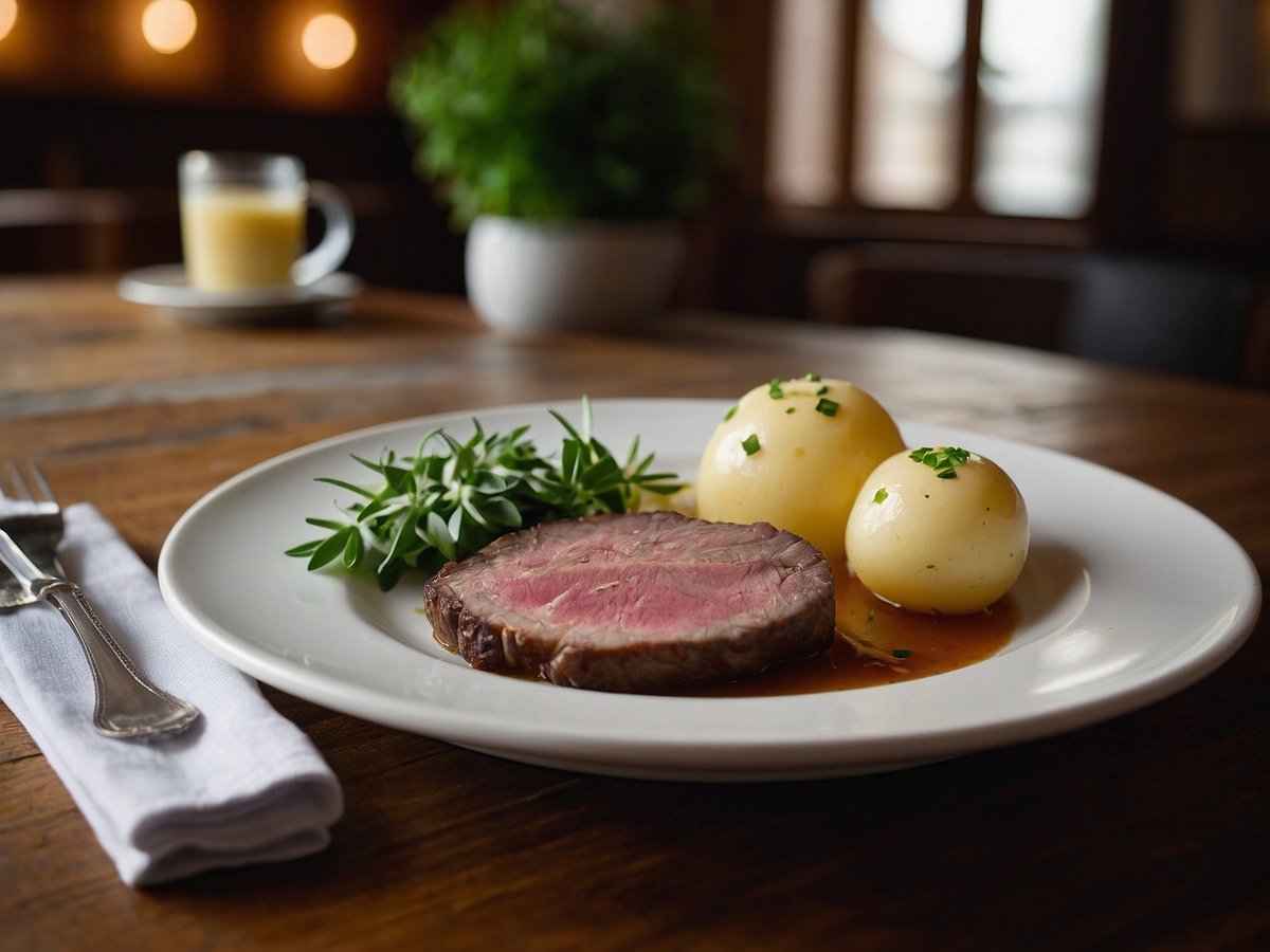 Ein Teller mit Tafelspitz, der in dünne Scheiben geschnitten ist, wird präsentiert. Der Tafelspitz liegt auf einer Sauce und ist von einem grünen Kraut umgeben. Daneben befinden sich zwei gekochte Kartoffeln, die mit Schnittlauch verziert sind. Im Hintergrund ist ein Tisch zu sehen, der eine rustikale Holzoberfläche hat, sowie ein Glas mit einem Getränk und eine kleine Pflanze in einem Topf.