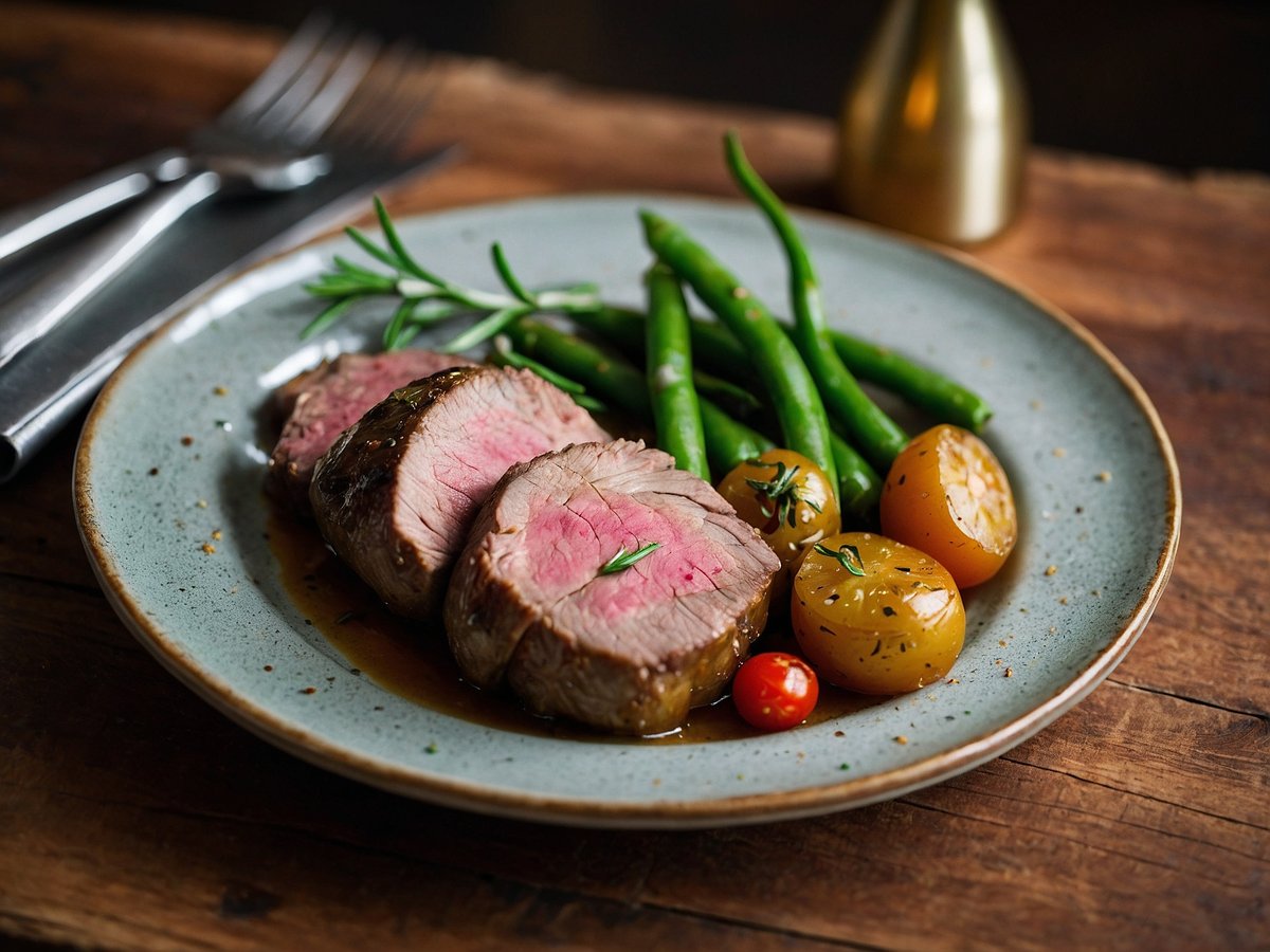 Auf dem Bild sind saftige Stücke von Lammbraten zu sehen, die auf einem blauen Teller angerichtet sind. Daneben befinden sich grüne Bohnen und halbierte Rosmarinkartoffeln. Die Lammstücke sind rosa und zart, umgeben von einer schmackhaften Sauce. Der Teller ruht auf einem rustikalen Holztisch, und Besteck ist neben dem Teller platziert.