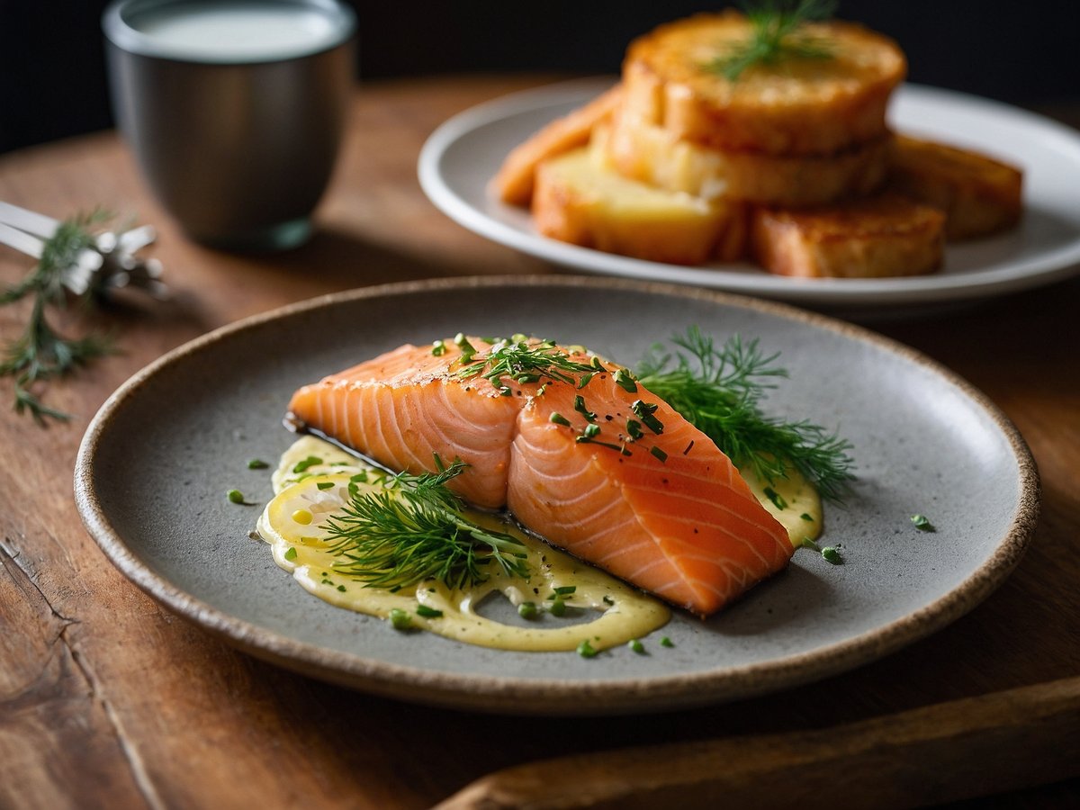 Ein Teller mit graved Lachs, garniert mit frischem Dill und grünen Kräutern, serviert auf einer cremigen Dillsoße. Im Hintergrund sind knusprige Rösti zu sehen, die auf einem zweiten Teller angeordnet sind. Der Tisch ist aus Holz, und im Hintergrund steht ein kleines Glas mit einem Getränk.