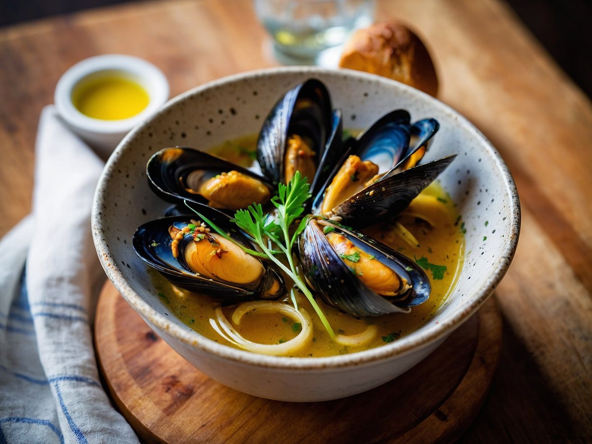 Eine Schüssel mit frischen Muscheln, angereichert mit einem aromatischen Weißweinsud, liegt auf einem rustikalen Holztisch. Die Muscheln sind geöffnet und zeigen das zarte Fleisch, umgeben von einer goldgelben Brühe, die mit grünen Kräutern garniert ist. Neben der Schüssel liegt ein Stück Baguette, das zum Eintunken in den Sud einlädt. Im Hintergrund ist ein kleiner Behälter mit Olivenöl zu sehen, der das mediterrane Flair der Speise unterstreicht.