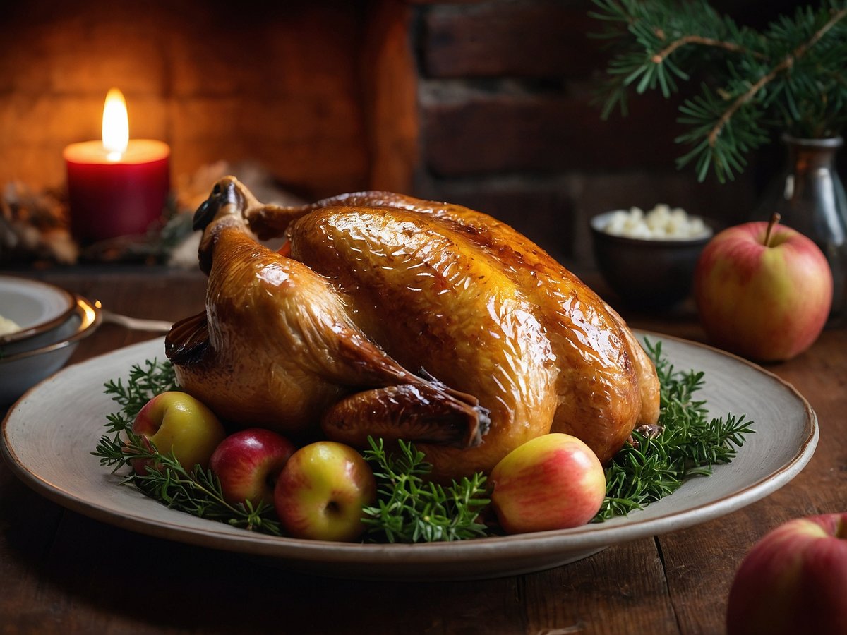 Eine gefüllte Gans mit Bratapfel und Serviettenknödeln liegt auf einem großen ovalen Teller. Die Gans ist goldbraun und glänzend, umgeben von frischen grünen Zweigen und kleinen Äpfeln. Im Hintergrund erleuchtet ein rotes Kerzenlicht die Szene, während eine rustikale Holzstruktur und eine Schale mit weiteren Äpfeln zu sehen sind. Die Stimmung ist gemütlich und festlich.