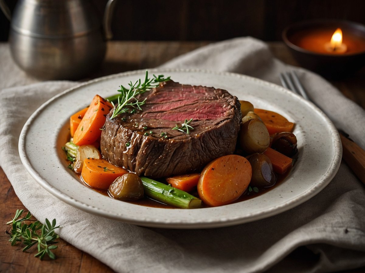 Auf dem Bild ist ein saftiger Rinderschmorbraten zu sehen, der auf einem weißen Teller angerichtet ist. Der Braten hat eine schöne rosa Farbe im Inneren und ist mit frischen Kräutern garniert. Um den Braten herum liegen verschiedene Wurzelgemüse wie Karotten und Zwiebeln, die in einer herzhaften Sauce schwimmen. Der Teller befindet sich auf einem rustikalen Holztisch, und im Hintergrund ist eine Kerze zu sehen, die eine gemütliche Atmosphäre schafft. Ein Tuch und einige Kräuter liegen neben dem Teller.