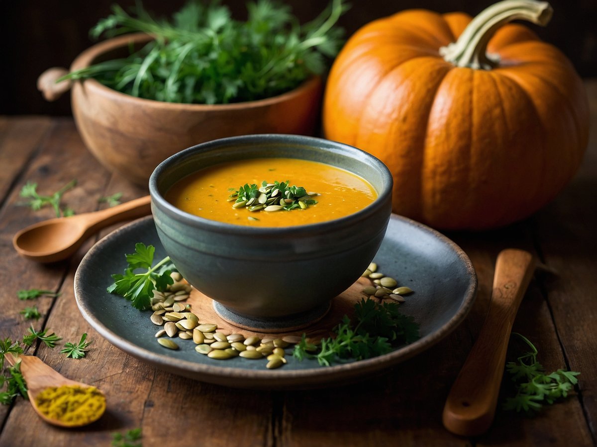 Eine Schale mit Kürbiscremesuppe steht auf einem rustikalen Holzuntergrund. Die Suppe hat eine leuchtend orange Farbe und ist mit röstierten Kernen und frischen Kräutern garniert. Neben der Schale befindet sich ein kleiner Holzlöffel und um die Schale sind einige Kürbiskerne und frische Blattkräuter verteilt. Im Hintergrund ist ein großer, leuchtend orangefarbener Kürbis und eine Holzschale mit frischem Grün zu sehen. Die Farbtöne und die Texturen schaffen eine einladende und herbstliche Atmosphäre.