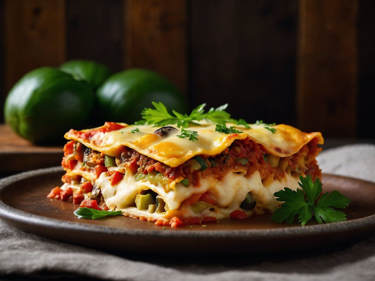 Eine köstlich angerichtete Gemüselasagne mit Käse überbacken liegt auf einem rustikalen Teller. Die Lasagne ist geschichtet mit buntem Gemüse und geschmolzenem Käse, der goldbraun ist. Frische Kräuter garnishieren die Oberseite der Lasagne. Im Hintergrund sind einige grüne Gemüse sichtbar, was das Bild lebendig und appetitlich wirkt. Der Teller befindet sich auf einem elegant drapierten Tuch, das zur Gesamtästhetik beiträgt.