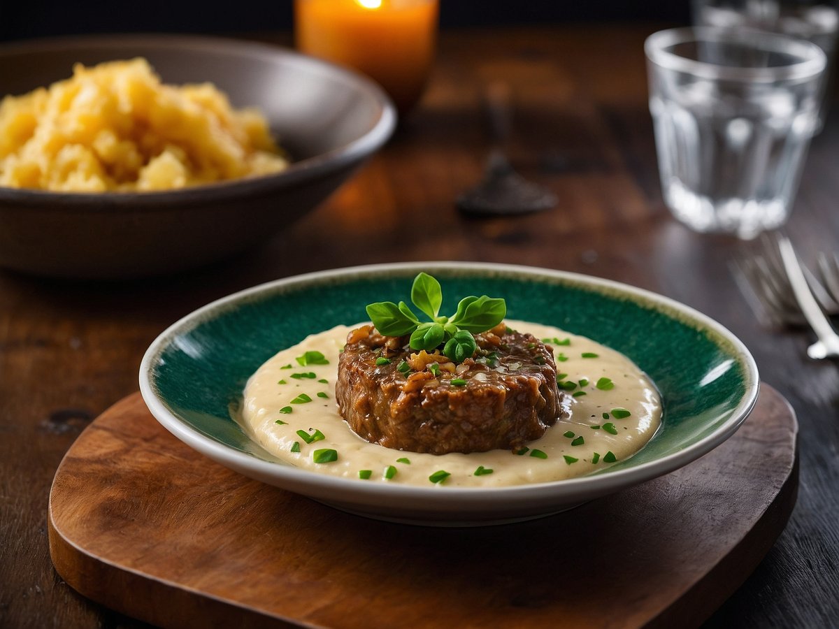 Auf dem Bild sind Frikadellen auf einer cremigen Rahmwirsing-Sauce zu sehen, die in der Mitte eines grünen Tellers angerichtet sind. Die Frikadellen sind mit frischen Kräutern garniert. Im Hintergrund befindet sich eine Schüssel mit Salzkartoffeln. Der Tisch ist aus Holz und es sind einige Gläser sowie Besteck sichtbar, was eine gemütliche Atmosphäre schafft.