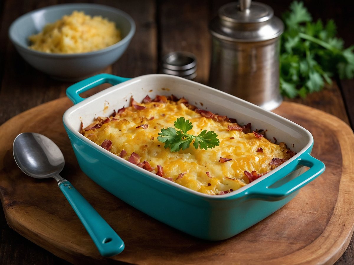 Ein frisch zubereiteter Kartoffelauflauf mit Speck und Käse überbacken befindet sich in einer rechteckigen, türkisfarbenen Auflaufform. Der Auflauf hat eine goldbraune, knusprige Oberfläche und ist mit kleinen Stückchen Speck versehen. Auf dem Auflauf liegt ein kleines grünes Blatt, das dem Gericht eine frische Note verleiht. Im Hintergrund ist eine Schüssel mit weiteren geriebenen Käse zu sehen, sowie eine silberne Gewürzmühle und ein Haufen frischer Kräuter. Der Auflauf steht auf einem runden Holzbrett und wird von einem Löffel in der Nähe begleitet.