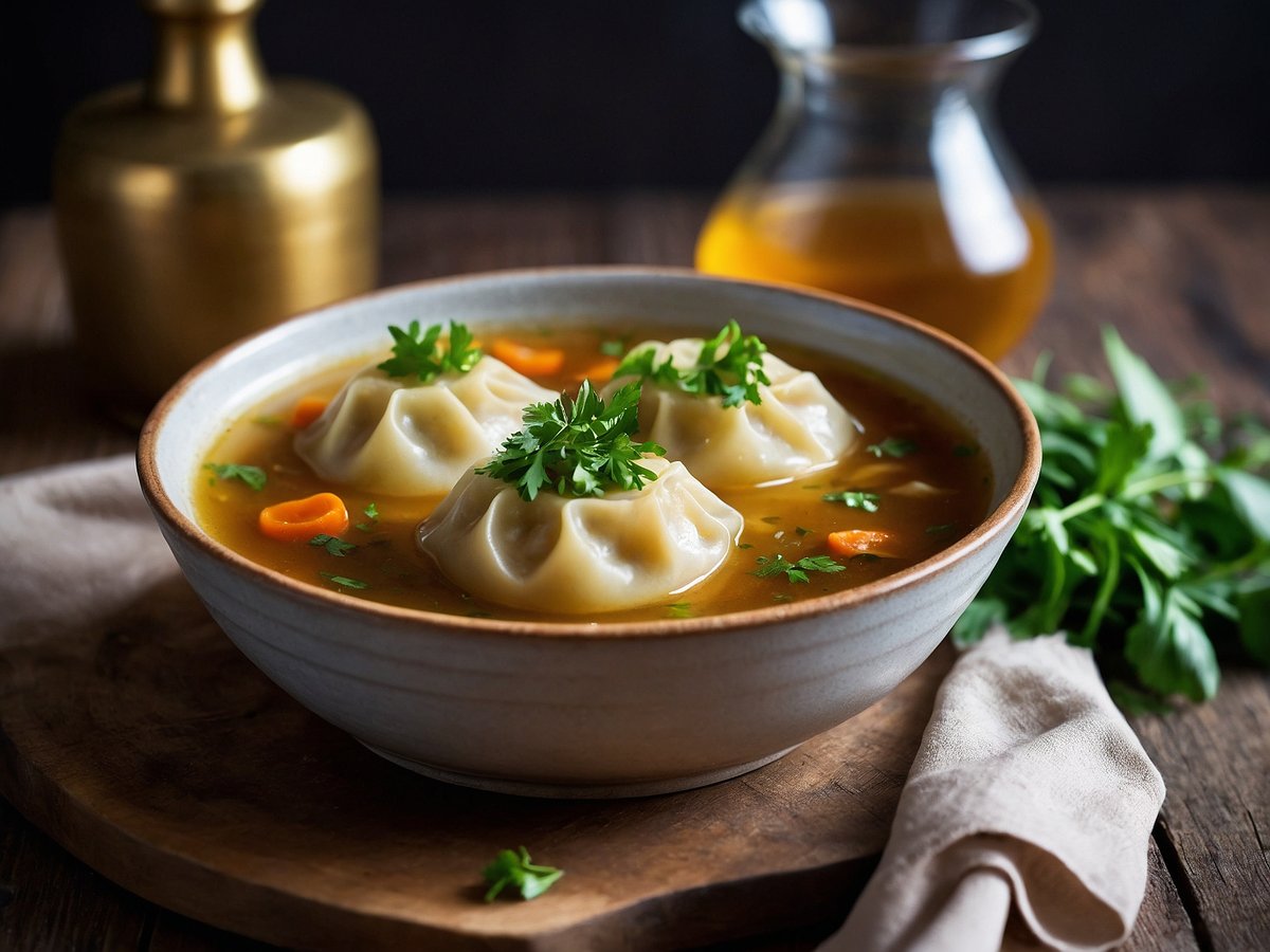 Eine warme Schüssel Maultaschen in klarer Brühe, garniert mit frischen Kräutern und kleinen Karottenstücken. Im Hintergrund ist ein Glas mit Brühe und ein dekoratives Gefäß sichtbar. Das Gericht liegt auf einem rustikalen Holzbrett, umgeben von einem hellen Leinentuch. Die Maultaschen sind gut gefüllt und wirken einladend.