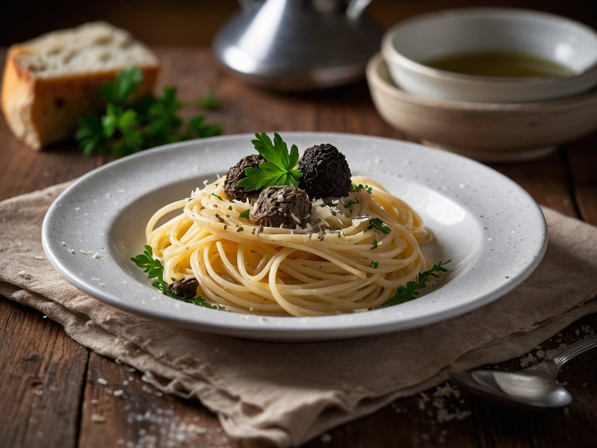 Ein Teller mit Spaghetti in Trüffelsoße, garniert mit frischen Trüffeln und grüner Petersilie, steht auf einem rustikalen Holztisch. Im Hintergrund sind ein Stück Brot und eine Schale mit Olivenöl zu sehen. Die Spaghetti sind leicht glänzend und mit etwas Parmesan bestreut. Ein farblich passendes Geschirrtuch liegt unter dem Teller.