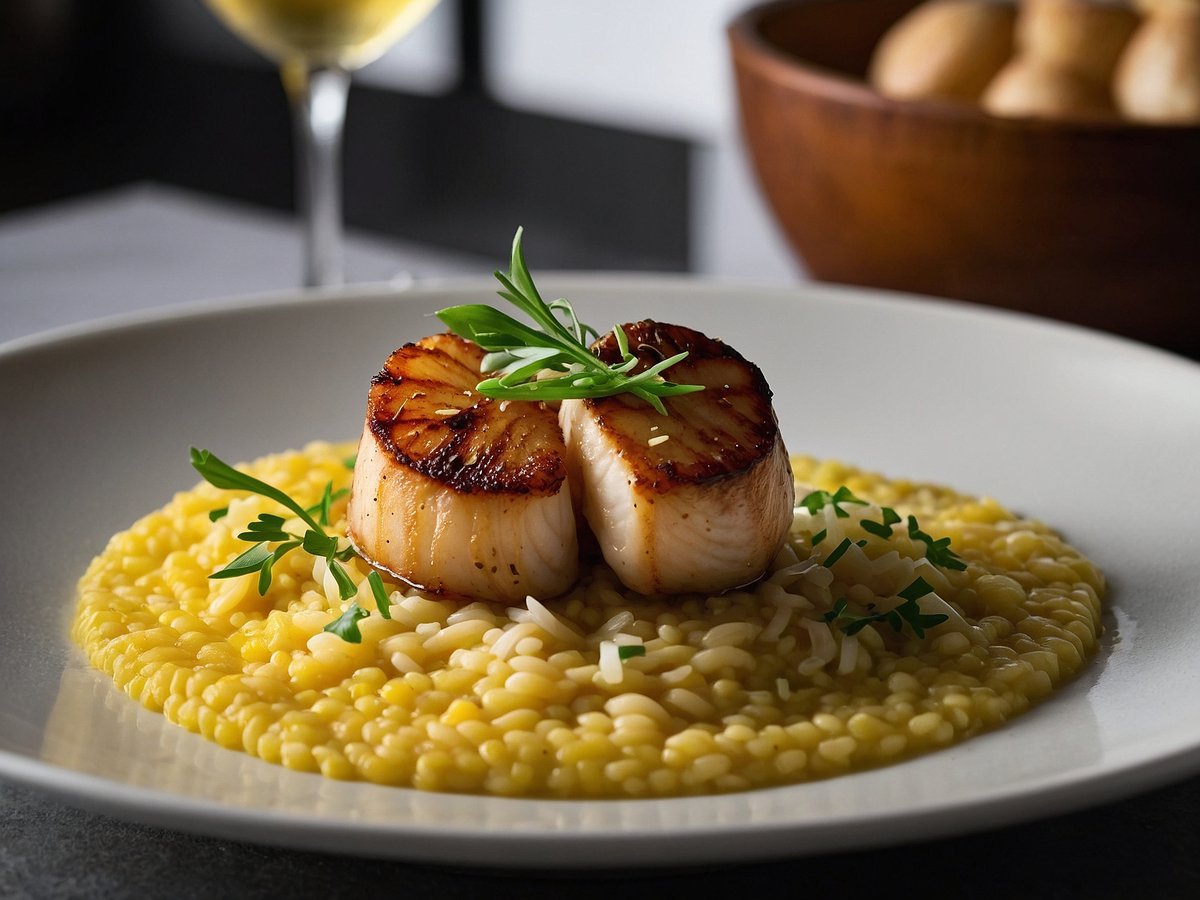 Zwei perfekt gebratene Jakobsmuscheln liegen auf einem cremigen Safran-Risotto, das goldgelb auf einem weißen Teller angerichtet ist. Das Risotto ist mit frischen Kräutern garniert und die Jakobsmuscheln sind an den Rändern knusprig braun. Im Hintergrund ist ein unscharfer Holzschalen mit Brötchen und ein Glas Weißwein sichtbar, was das Bild zusätzlich ansprechend macht.