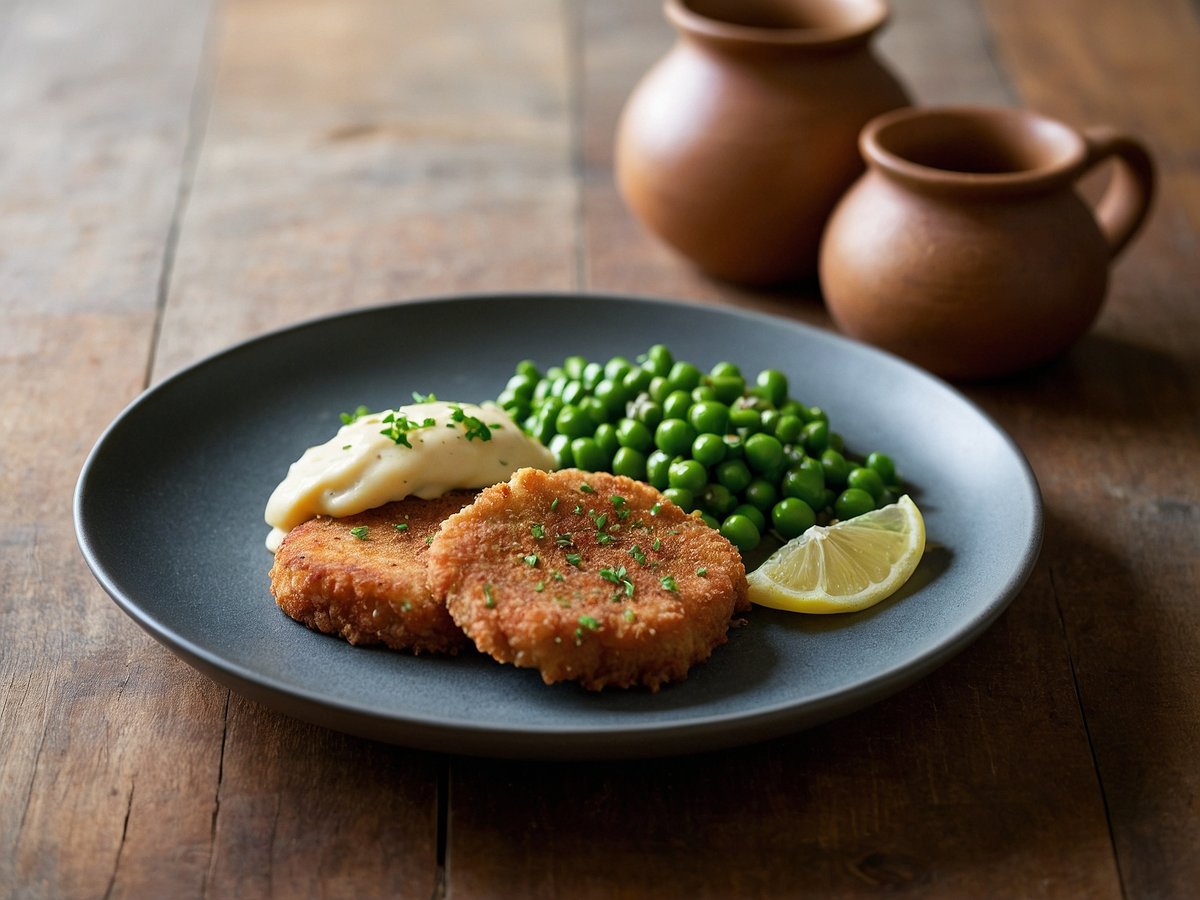 Auf dem Bild sind zwei Sellerieschnitzel auf einem grauen Teller zu sehen, begleitet von einem Klecks Kartoffelstampf, frischen grünen Erbsen und einer Zitronenscheibe. Der Teller ist auf einem rustikalen Holztisch platziert. Im Hintergrund befinden sich zwei dekorative Tontöpfe, die ein warmes und einladendes Ambiente schaffen. Die Schnitzel sind mit frischen Kräutern garniert.