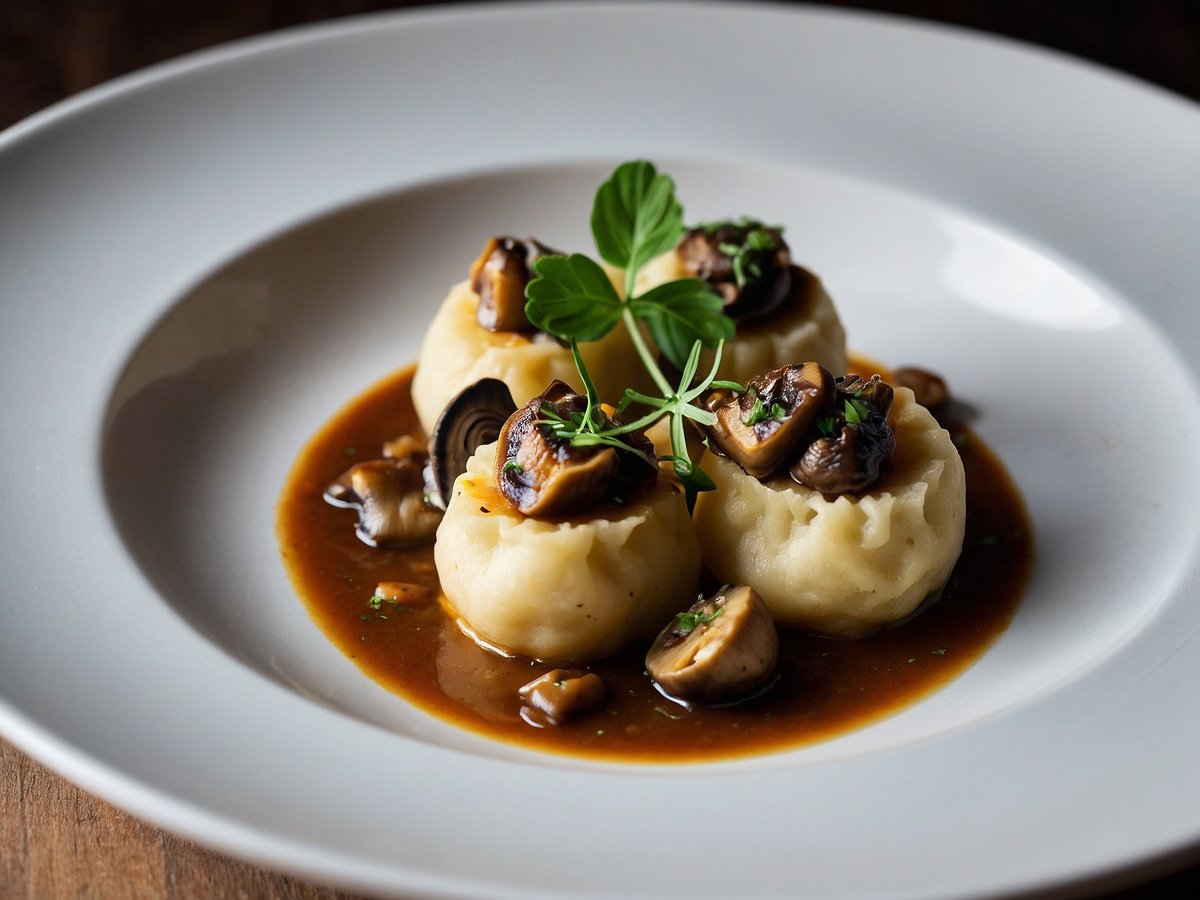 Drei Kartoffelknödel liegen in einer braunen Sauce auf einem weißen Teller. Die Knödel sind mit einer Vielzahl von gebratenen Pilzen belegt und garniert mit frischen Kräutern. Die Kombination aus der cremigen Textur der Knödel und der herzhaften Sauce macht das Gericht ansprechend und einladend. Der Teller steht auf einer rustikalen Holzoberfläche.