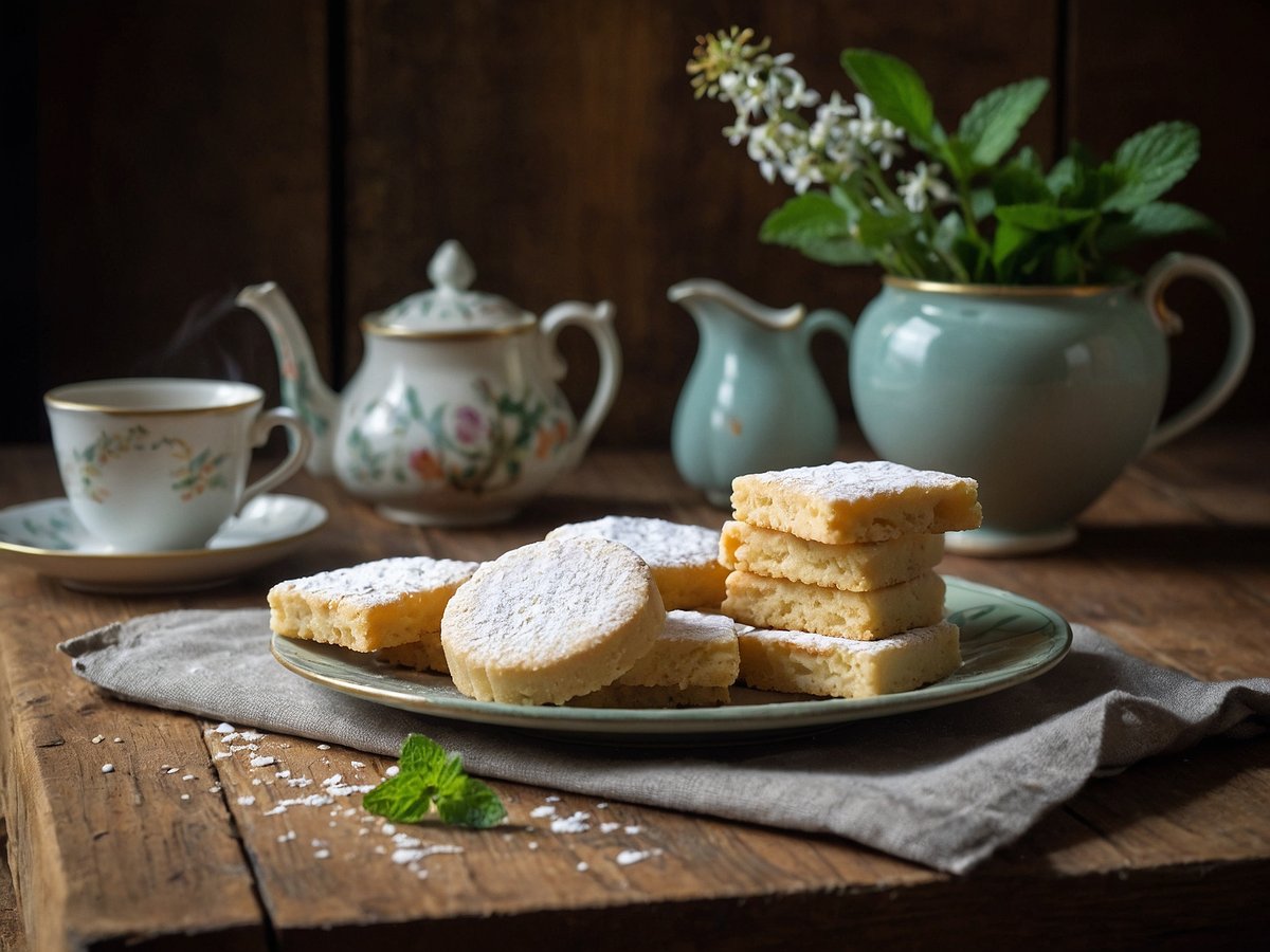 Ein Teller mit Shortbread-Keksen liegt auf einem rustikalen Holztisch. Die Kekse sind rechteckig und mit Puderzucker bestäubt. Im Hintergrund steht eine zierliche Teekanne und eine Tasse mit Untertasse, beide im klassischen Design mit floralen Mustern. Neben der Teekanne befindet sich ein kleiner Milchkrug. Auf der linken Seite des Tellers liegt ein graues Tuch, und es sind frische Minzblätter sowie etwas Puderzucker verstreut. Im Hintergrund sind grüne Pflanzen zu sehen.