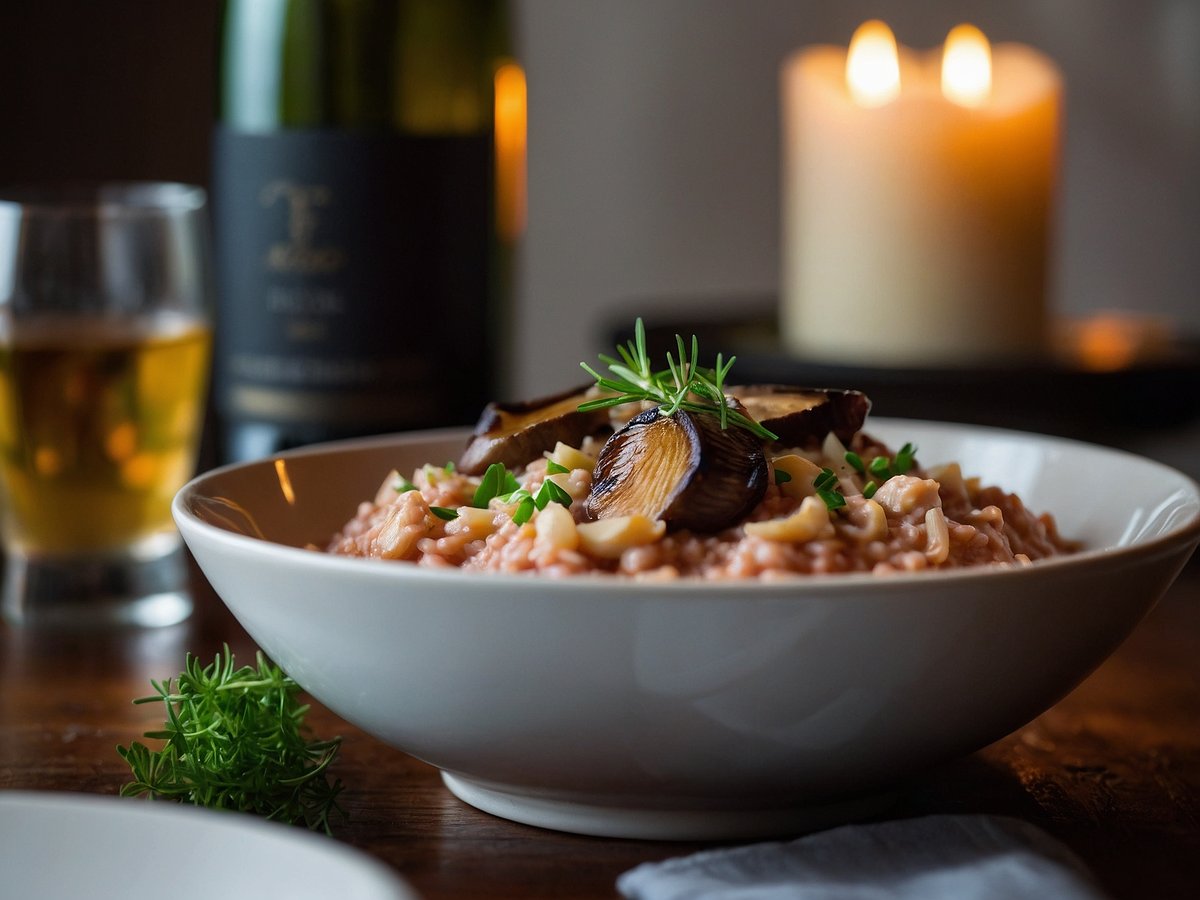 Ein Teller mit Rotweinrisotto, garniert mit gebratenen Champignons und grünen Kräutern, steht im Vordergrund. Im Hintergrund sind eine Flasche Wein und ein Glas mit einer gelben Flüssigkeit zu sehen. Sanftes Kerzenlicht sorgt für eine warme Atmosphäre. Der Tisch ist aus Holz und wirkt rustikal.