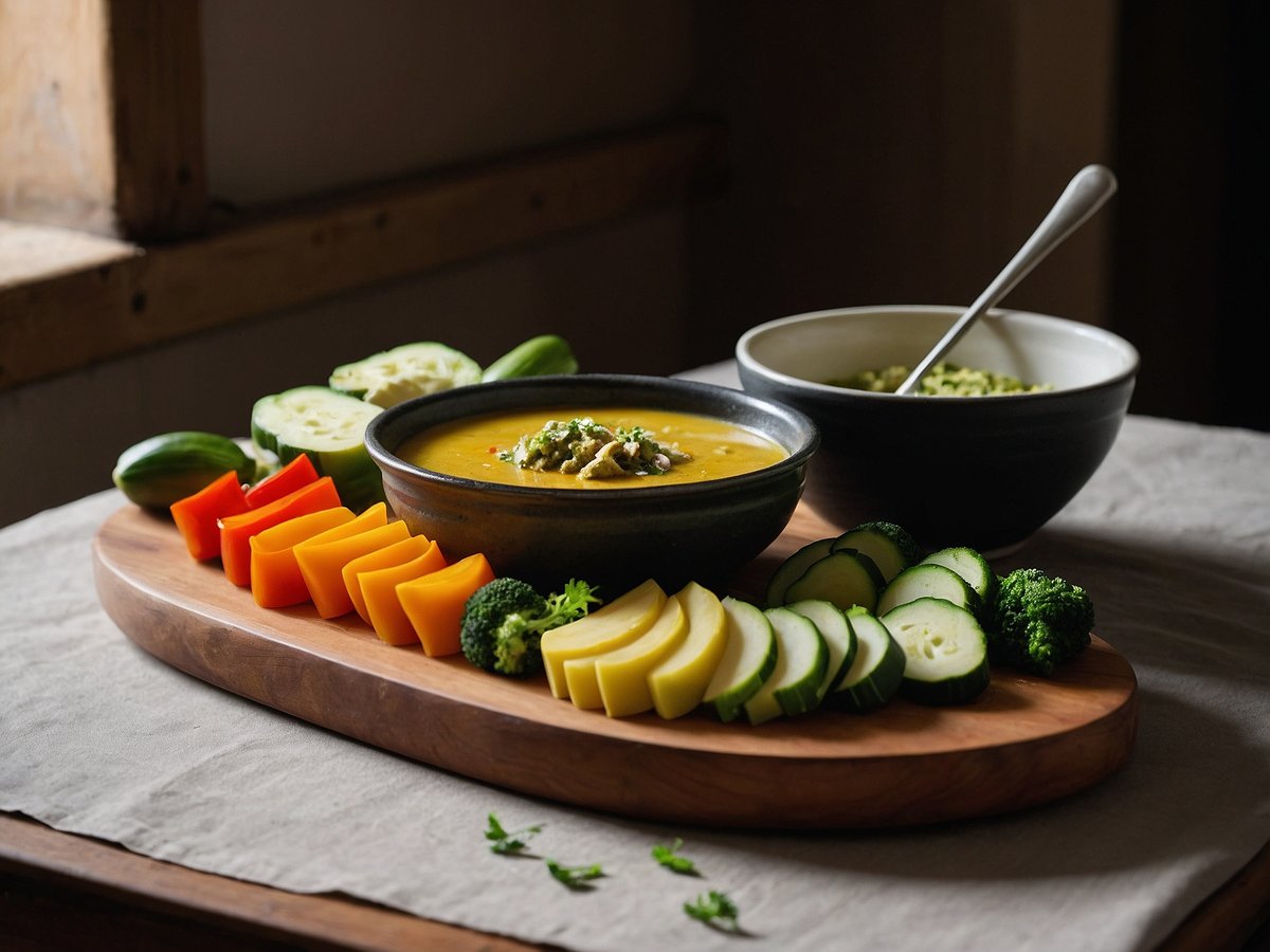 Auf dem Bild ist ein Gemüsefondue mit verschiedenen Dips und Baguette zu sehen. In der Mitte befindet sich eine große Schüssel mit einer goldgelben Sauce, umgeben von frischem, farbenfrohem Gemüse wie Paprika, Kürbis, Zucchini und Brokkoli. Das Gemüse ist appetitlich in Scheiben und Stücke angeordnet und auf einem Holzbrett präsentiert. Im Hintergrund ist eine weitere Schüssel mit einem Dip platziert. Der Tisch ist mit einem neutralen Tuch gedeckt, und das Licht sorgt für eine angenehme, einladende Atmosphäre.