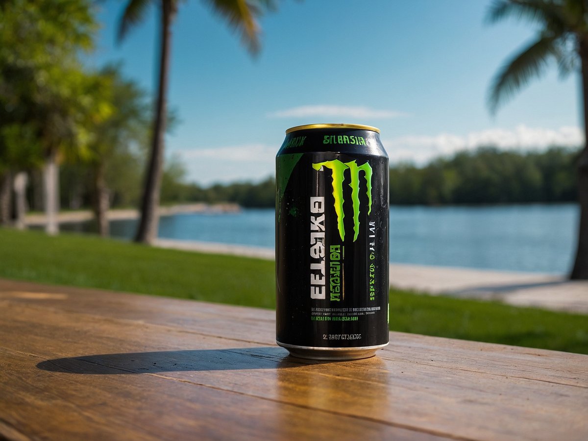 Eine Dose Monster Energy Drink steht auf einem Holztisch im Vordergrund. Im Hintergrund ist ein ruhiger Gewässerbereich mit grasbewachsenen Ufern und Bäumen zu sehen. Der Himmel ist klar und blau, während Palmen leicht im Wind schwingen. Die Dose hat ein auffälliges Design mit dunkelgrünem und schwarzem Farbton, das das Markenzeichen von Monster Energy zeigt. Die Szene vermittelt eine entspannte und erfrischende Atmosphäre.