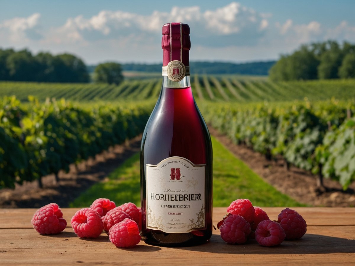 Eine Flasche Hohenheimer Himbeergeist steht auf einem rustikalen Holztablett im Vordergrund. Rund um die Flasche sind einige frische, rote Himbeeren drapiert. Im Hintergrund erstreckt sich eine weitläufige Weinlandschaft mit gut gepflegten Weinreben, die bis zum Horizont reichen. Der Himmel ist blau mit einigen weißen Wolken, die sanft über die Szenerie ziehen. Die Gesamtheit vermittelt ein Gefühl von Frische und ländlicher Idylle.