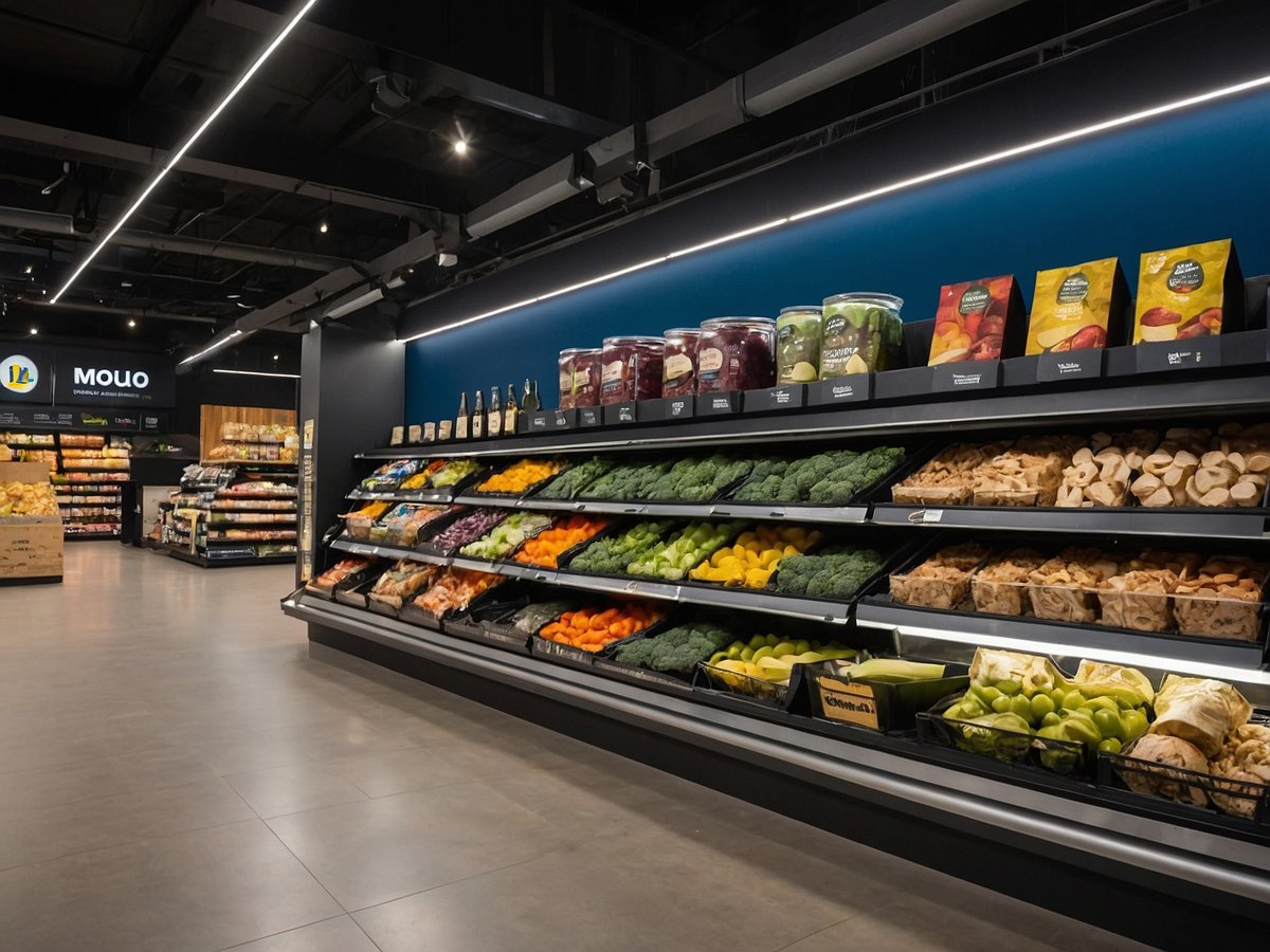 Ein moderner Supermarkt mit gut beleuchtetem Innenraum. Eine lange Kühlregalfläche zeigt eine bunte Auswahl an frischem Obst und Gemüse, darunter Brokkoli, Karotten, Äpfel und Zitrusfrüchte. Auf der linken Seite sind Regale mit verschiedenen Lebensmittelverpackungen und Gläsern zu sehen. Einem Bereich des Supermarktes sind Holzregale mit Brot und anderen Produkten gewidmet, während ein Schild mit der Aufschrift "MOUO" im Hintergrund sichtbar ist. Der Boden ist hell und modern gestaltet.