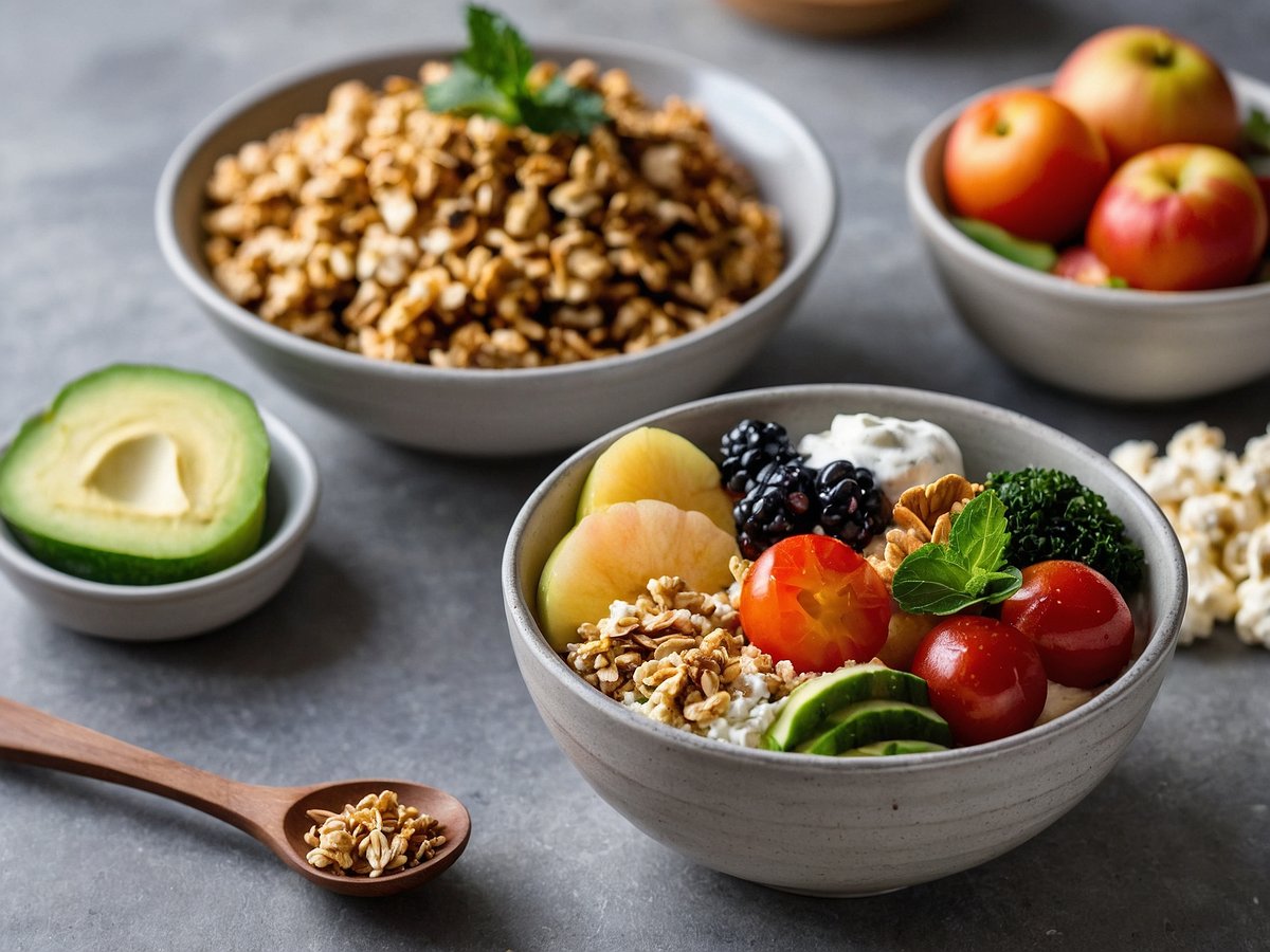 Auf dem Bild ist ein gesunder Snack-Bereich zu sehen. Im Vordergrund steht eine Schüssel mit einer Kombination aus frischen Früchten wie Trauben, Äpfeln und Gurken, verziert mit einem frischen Minzblatt und Joghurt. Daneben liegt eine kleine Schaufel mit knusprigen Haferflocken. Im Hintergrund sind weitere Schalen mit gesunden Snacks zu sehen, wie Müsli und frischen, roten Äpfeln sowie geschnittenem Avocado. Neben der Hauptschüssel liegen zarte Popcorn. Dieser Arrangement zeigt eine abwechslungsreiche Auswahl an kalorienarmen Snacks, ideal für unbeschwertes Naschen.