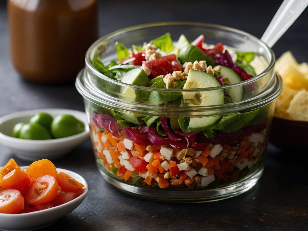 Auf dem Bild ist ein Glasbehälter mit einem bunten Salat zu sehen. Der Salat besteht aus verschiedenen Schichten, darunter frische grüne Blätter, geschnittene Gurken, rote Paprika, Karotten und kleine Stücke von Käse. Neben dem Glasbehälter befinden sich zwei kleine Schalen mit weiteren Zutaten, eine mit grünen Oliven und eine mit halbierten Kirschtomaten. Im Hintergrund ist eine Flasche sichtbar, die möglicherweise Dressing enthält. Rechts vom Glasbehälter liegt eine Schale mit Chips. Warnung: Diese Feinkostsalate und Brotaufstriche könnten Metallteile enthalten – Sofort zurückgeben.