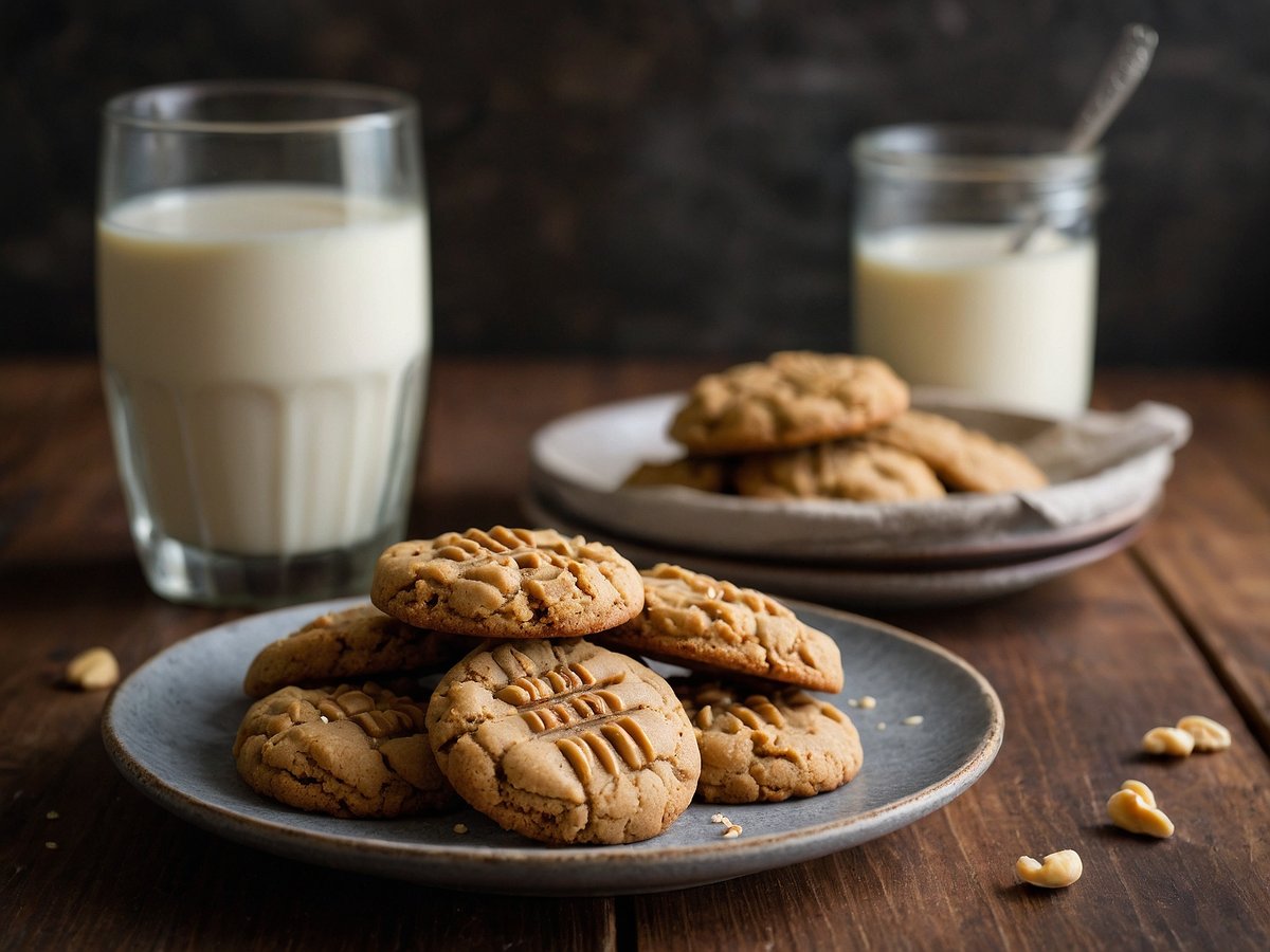 Auf dem Bild sind mehrere Erdnussbutterkekse auf einem blauen Teller angeordnet. Im Hintergrund steht ein Glas Milch und ein weiteres Gefäß mit Milch, das mit einem Löffel bestückt ist. Der Tisch ist aus Holz, was eine gemütliche Atmosphäre schafft. Einige Keksbrösel liegen neben dem Teller, und im Hintergrund ist ein dunkler, neutraler Farbton zu sehen, der die Kekse und die Milch gut zur Geltung bringt.