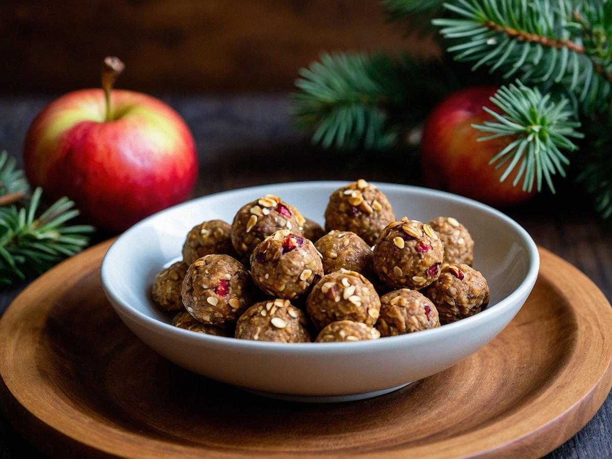 In einer weißen Schüssel befinden sich gesunde Snackbällchen aus Haferflocken, Nüssen und getrockneten Früchten. Um die Schüssel herum liegen frische Äpfel und Tannenzweige, die eine festliche Atmosphäre schaffen. Diese Snacks sind reich an Ballaststoffen und gesunden Fetten und eignen sich hervorragend für die Weihnachtszeit. Sie helfen, den Heißhunger zu stillen und gleichzeitig fit zu bleiben. Dazu zählen zum Beispiel Apfel-Hafer-Bällchen, Nuss-Mix-Kugeln, Datteln mit Mandeln, Gemüse-Sticks mit Hummus und Joghurt mit Beeren als gesunde Alternativen.