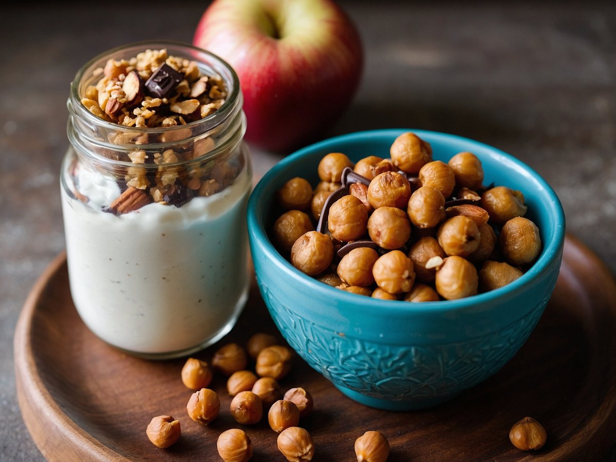 Auf dem Bild sind gesunde Weihnachts-Snacks zu sehen. Im Vordergrund befindet sich ein Glas mit Joghurt und einer Schicht aus Müsli und Nüssen. Daneben steht eine turquoise Schüssel, gefüllt mit gerösteten Kichererbsen, die leicht gewürzt sind. Im Hintergrund ist ein roter Apfel zu erkennen, der frische und gesunde Ernährung symbolisiert. Diese Snacks sind ideale Optionen für eine gesunde Ernährung während der Feiertage und helfen beim Abnehmen.