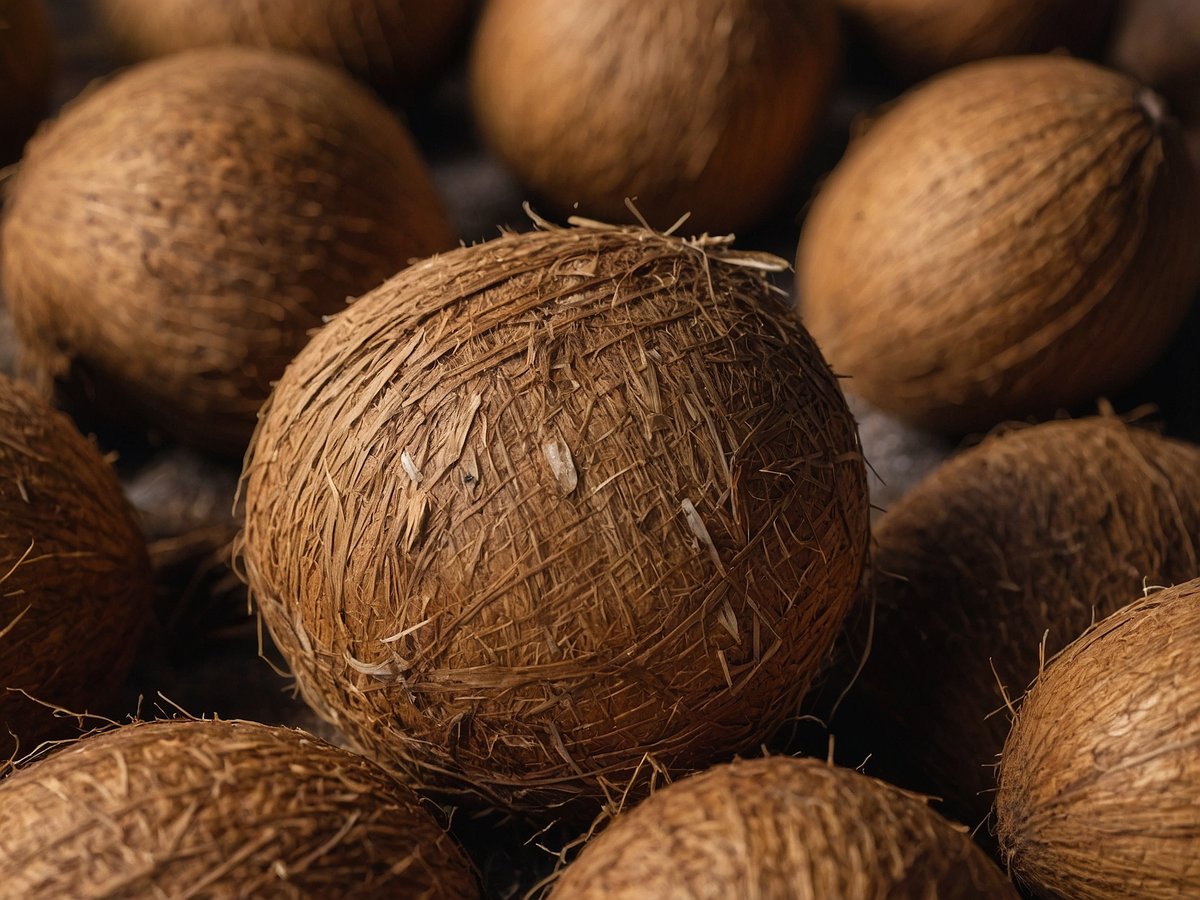 Kontaminierte Trockenkokosnüsse sind auf dem Bild zu sehen. Sie sind braun und haben eine grobe, faserige Außenschicht. Die Kokosnüsse sind in verschiedenen Positionen angeordnet und wirken uneben. Einige zeigen kleine Furchen, während andere eine glattere Oberfläche aufweisen. Es handelt sich um eine Ansammlung dieser Nüsse, die auf einem dunklen Untergrund liegen. Sofort vom Verzehr absehen.