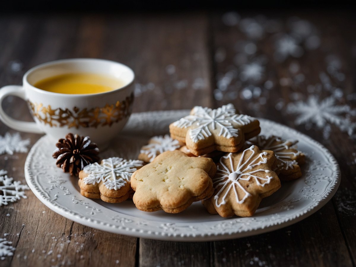 Auf dem Bild sind auf einem eleganten, weißen Teller zahlreiche Weihnachtsplätzchen in Form von Schneeflocken und anderen winterlichen Motiven zu sehen. Die Plätzchen sind mit weißem Zuckerguss verziert. Daneben steht eine Tasse mit goldenem Dekor, die mit einem gelben Getränk gefüllt ist. Im Hintergrund sind einige verstreute Schneeflocken-Muster zu erkennen, und eine kleine Tannenzapfen befindet sich ebenfalls auf dem Teller. Der Tisch hat eine rustikale Holzoberfläche, die eine gemütliche Atmosphäre ausstrahlt.