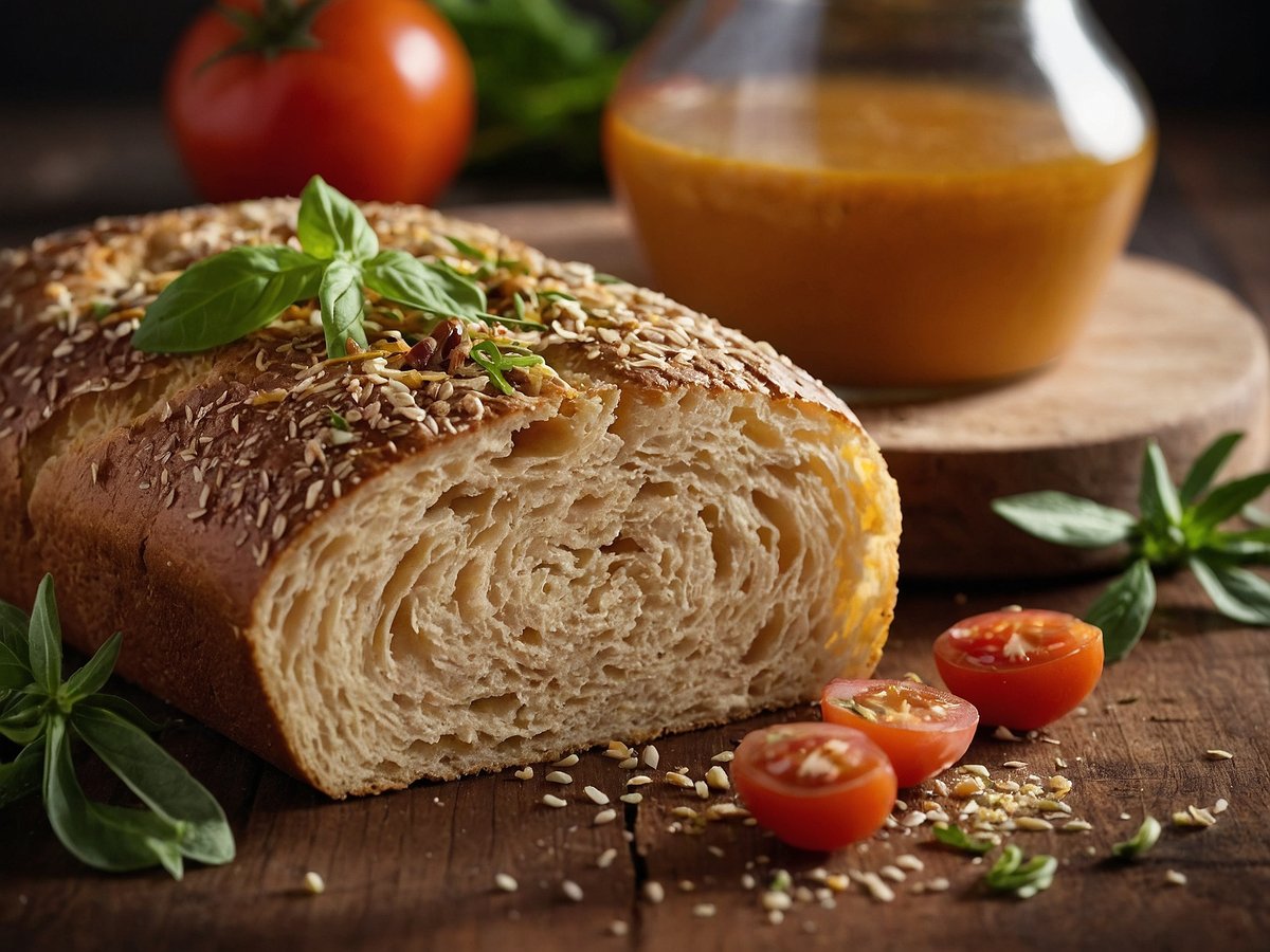 Ein frisch gebackenes, goldbraunes Brot mit Sesamkruste liegt auf einem Holzbrett. Es ist in Scheiben geschnitten, sodass die fluffige Innenstruktur sichtbar ist. Neben dem Brot sind einige halbierte Kirschtomaten und frische Kräuter platziert. Im Hintergrund steht ein Glas mit einer goldenen Sauce, die auf dem Brett platziert ist. Die gesamte Atmosphäre des Bildes vermittelt einen einladenden und appetitlichen Eindruck.