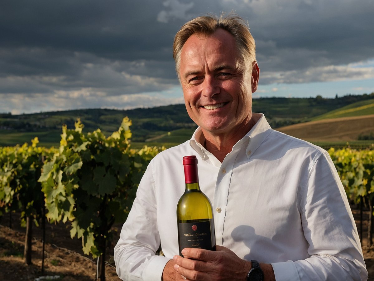 Markus Molitor steht in einem Weinberg und hält eine Flasche Wein in der Hand. Er trägt ein helles Hemd und lächelt in die Kamera. Im Hintergrund sind üppige grüne Weinreben und sanfte Hügel zu sehen, unter einem bewölkten Himmel, der für eine stimmungsvolle Atmosphäre sorgt.