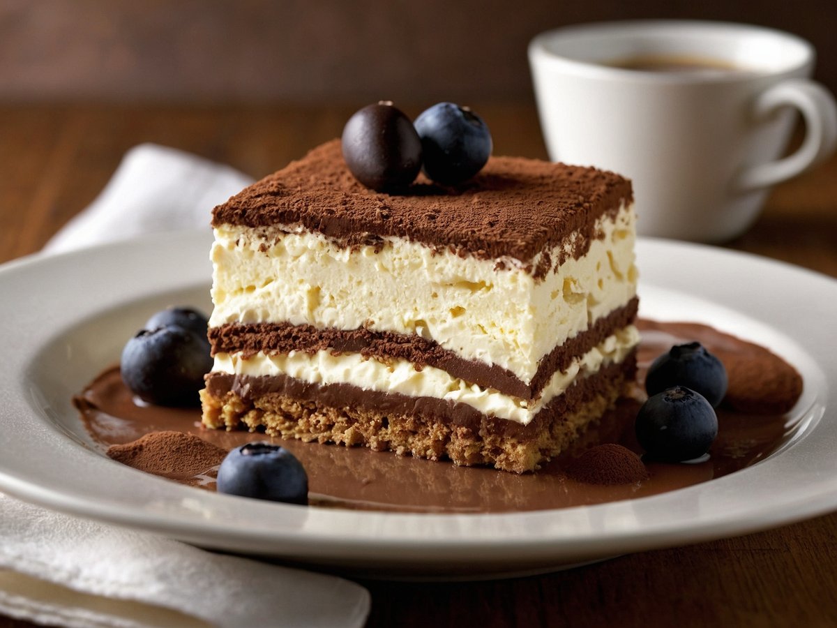 Ein appetitliches Stück Tiramisu ist auf einem weißen Teller angerichtet. Der Kuchen hat mehrere Schichten aus Creme und Schokoladenmousse, die durch Kakaopulver bedeckt sind. Frische Heidelbeeren sind dekorativ auf dem oberen Rand platziert. Neben dem Dessert befindet sich eine kleine Menge Schokoladensauce auf dem Teller. Im Hintergrund ist eine Tasse Kaffee zu sehen. Der Tisch hat eine rustikale Holzoberfläche, die eine gemütliche Atmosphäre schafft.