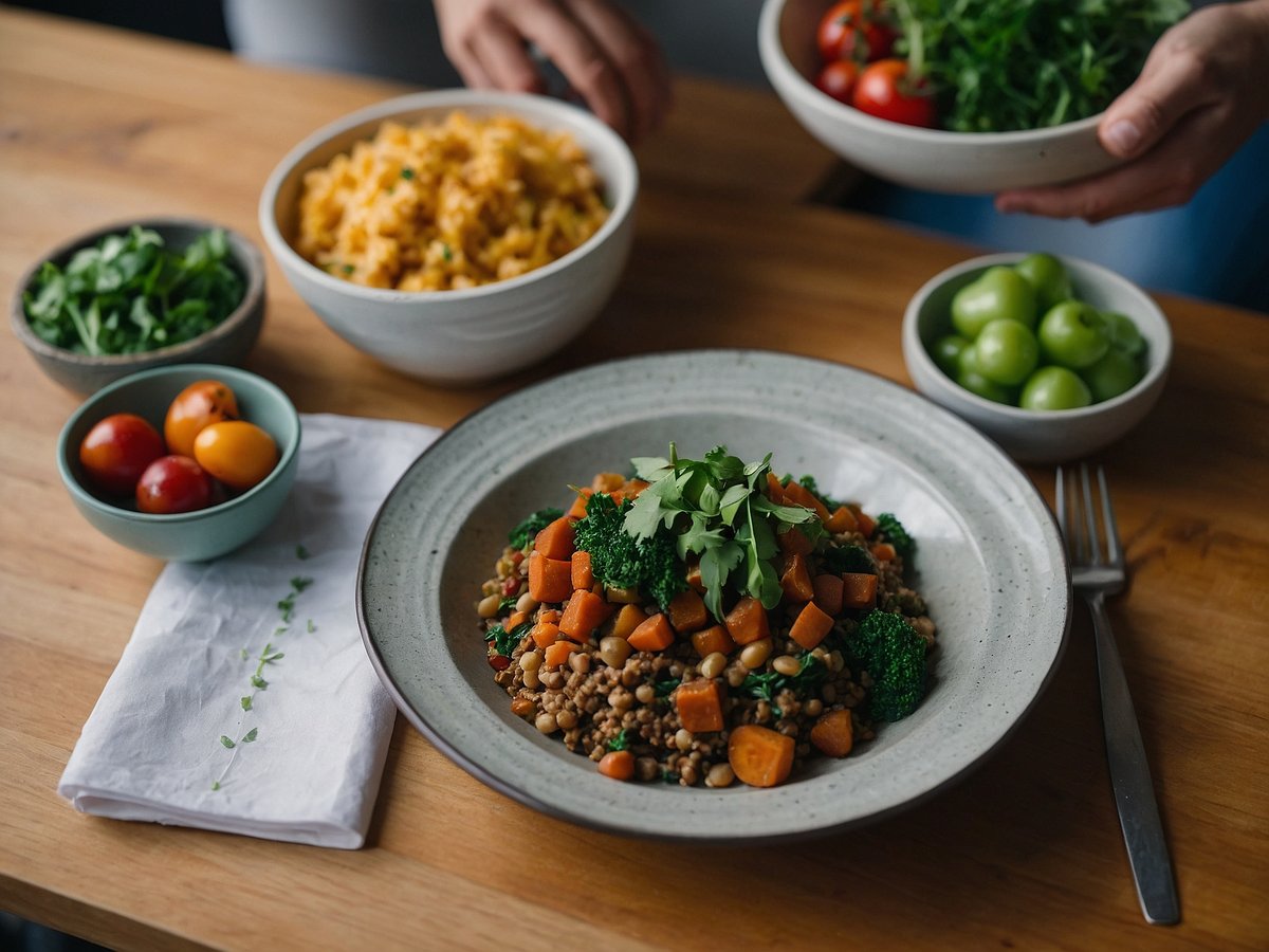 Auf dem Bild ist ein gesundes, veganes Schulessen zu sehen. Im Vordergrund befindet sich ein bunten Teller mit einer Mischung aus Linsen, Brokkoli, Karotten und frischen Kräutern. Um den Teller herum sind verschiedene Schalen angeordnet, darunter eine mit gelbem Reis, eine mit einem bunten Mix aus Kirschtomaten, eine mit frischem Blattgemüse und eine mit grünen Äpfeln. Der Tisch ist aus Holz und die Anordnung der Speisen wirkt appetitlich und einladend. Im Hintergrund ist eine Hand zu sehen, die eine weitere Schüssel mit Blattgemüse hält.