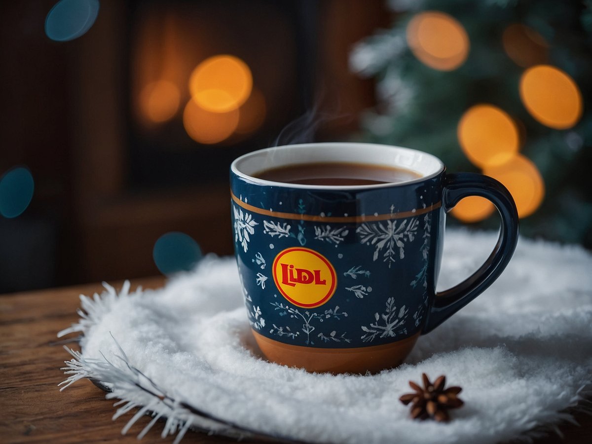 Eine Tasse mit dem Lidl Logo steht auf einem weißen, flauschigen Unterlagen. Die Tasse ist dunkelblau mit Schneeflockenmuster und dampfendem heißen Getränk. Im Hintergrund sind unscharfe, warme Lichter zu sehen, die eine gemütliche Atmosphäre schaffen. Neben der Tasse liegt eine Zimtstern.