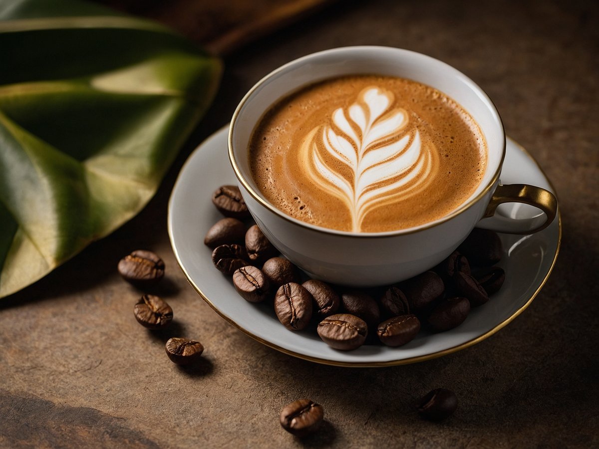 Eine elegante Tasse Kaffee steht auf einem weißen Unterteller mit goldenen Rändern. Die Tasse ist gefüllt mit einem cremigen Kaffee, auf dem ein kunstvolles Latte-Art-Muster in Form eines Blattes zu sehen ist. Um die Tasse herum liegen mehrere Kaffeebohnen auf einer rustikalen Tischoberfläche, während im Hintergrund ein großes, grünes Blatt sichtbar ist.