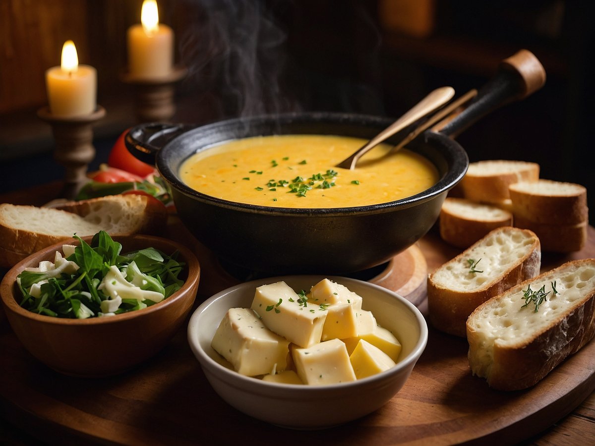 Das sind die besten Beilagen für Dein Fondue. Auf einem Holzbrett steht ein schwarzer Topf mit dampfendem Käsefondue, dekoriert mit frischen Kräutern. Daneben befinden sich drei kleine Schalen: eine mit gemischtem Salat, eine mit verschiedenen Käsestücken und eine mit frischem Brot, das in Scheiben geschnitten ist. Im Hintergrund sind Kerzen zu sehen, die eine gemütliche Atmosphäre schaffen.