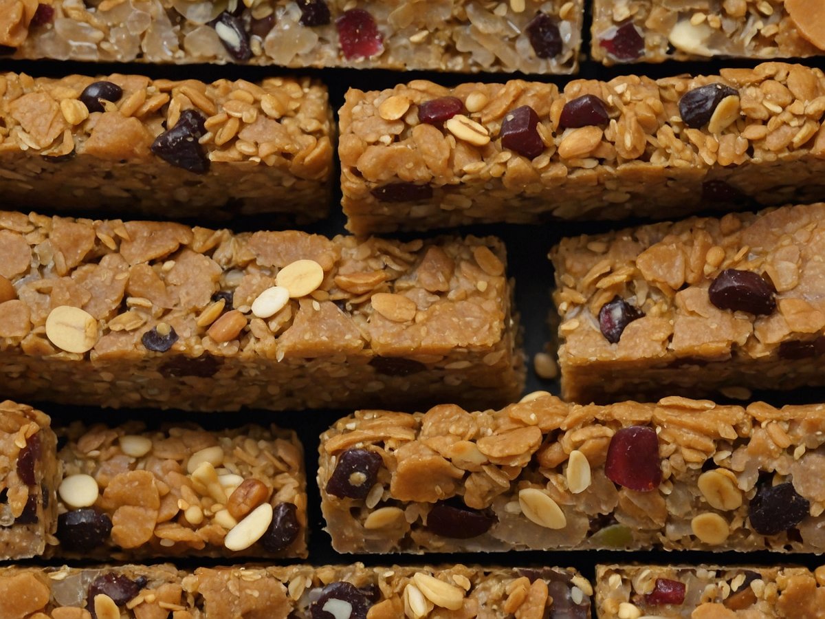 Auf dem Bild sind verschiedene Granola-Riegel zu sehen, die aus einer Mischung von Haferflocken, Trockenfrüchten und Nüssen bestehen. Die Riegel sind in gleichmäßige Stücke geschnitten und liegen eng beieinander. Die Oberfläche der Riegel ist goldbraun und weist eine abwechslungsreiche Textur auf, die durch die Kombination von verschiedenen Zutaten entsteht. Warnung: MadeGood Granola Riegel könnten Metallstücke enthalten – Sofort zurückgeben.