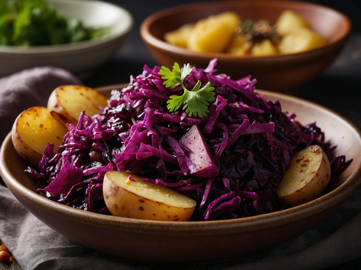 Auf dem Bild ist ein Teller mit rot-kraut und Kartoffeln zu sehen. Das rot-kraut ist fein geschnitten und ansprechend angerichtet. Die Kartoffeln sind halbiert und leicht gebräunt, was ihnen eine appetitliche Note verleiht. Im Hintergrund sind eine Schüssel mit weiteren Kartoffeln und frische Kräuter sichtbar. Der gesamte Anblick vermittelt eine herzliche und einladende Atmosphäre, geeignet für ein festliches Essen.