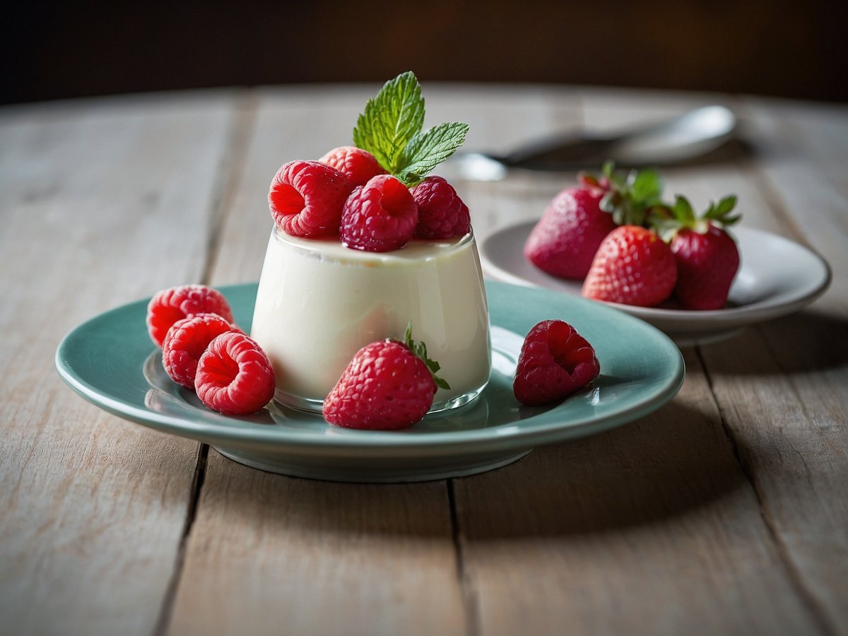 Eine cremige Panna Cotta auf einem grünen Teller, garniert mit frischen Himbeeren und einem Blatt Minze. Neben dem Hauptteller steht eine kleine Schale mit weiteren Himbeeren und ein paar Erdbeeren. Der Hintergrund zeigt eine rustikale Holzoberfläche, die dem Bild eine warme Atmosphäre verleiht.