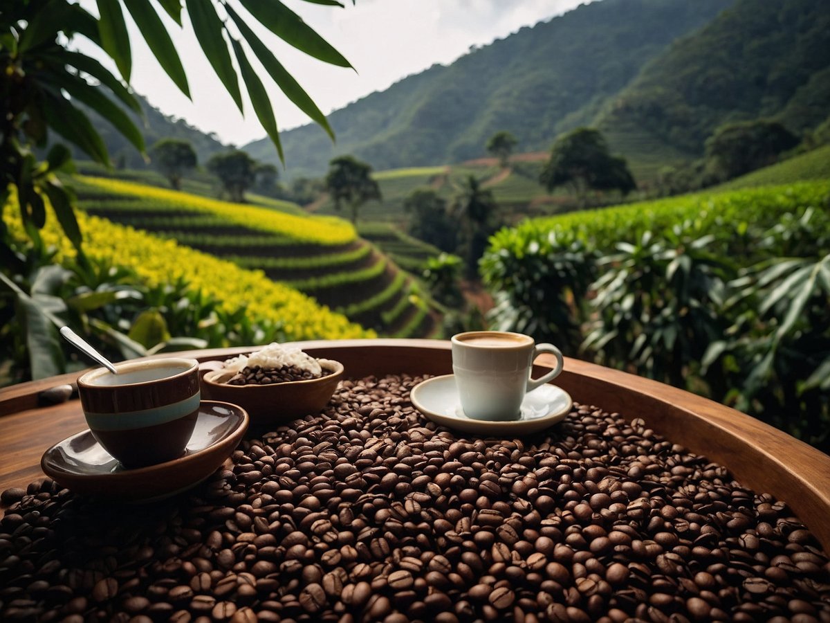 Eine rustikale Holztischplatte ist mit einer großzügigen Schicht frischer Kaffeebohnen bedeckt. Darauf stehen zwei Tassen Kaffee, eine mit einem braunen Muster und die andere schlicht weiß. Neben den Tassen befindet sich eine kleine Schale mit zusätzlichen Kaffeebohnen und einem Becher mit einer weißen, cremigen Substanz. Im Hintergrund ist eine malerische Landschaft mit sanften Hügeln und weiten Kaffeeplantagen zu sehen, die in üppigem Grün und intensivem Gelb erstrahlen. Die Atmosphäre strahlt eine ruhige und einladende Stimmung aus.