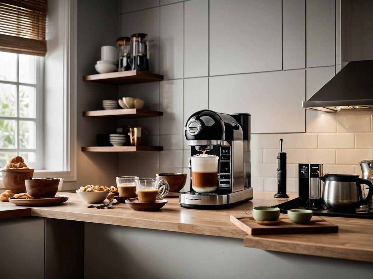 In einer modernen Küche steht eine glänzende KitchenAid Espressomaschine auf einer Holzarbeitsfläche. Neben der Maschine befinden sich mehrere Gläser mit Kaffee, einige Schalen mit Keksen und eine Teekanne. Im Hintergrund sind Regale mit Geschirr und Gläsern zu sehen, während das Tageslicht durch ein Fenster strahlt und eine einladende Atmosphäre schafft.