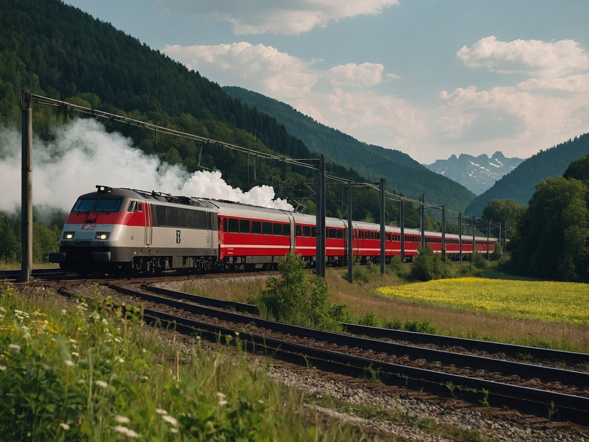 Ein elektrischer Zug der Deutschen Bahn fährt durch eine malerische Landschaft. Im Vordergrund sind grüne Wiesen und Blumen zu sehen, während im Hintergrund bewaldete Hügel und eine Bergkette sichtbar sind. Der Zug ist rot und grau und stößt eine kleine Menge Dampfwolken aus. Die Gleise verlaufen kurvenförmig durch die Landschaft, die Sonne scheint und der Himmel ist teilweise bewölkt.