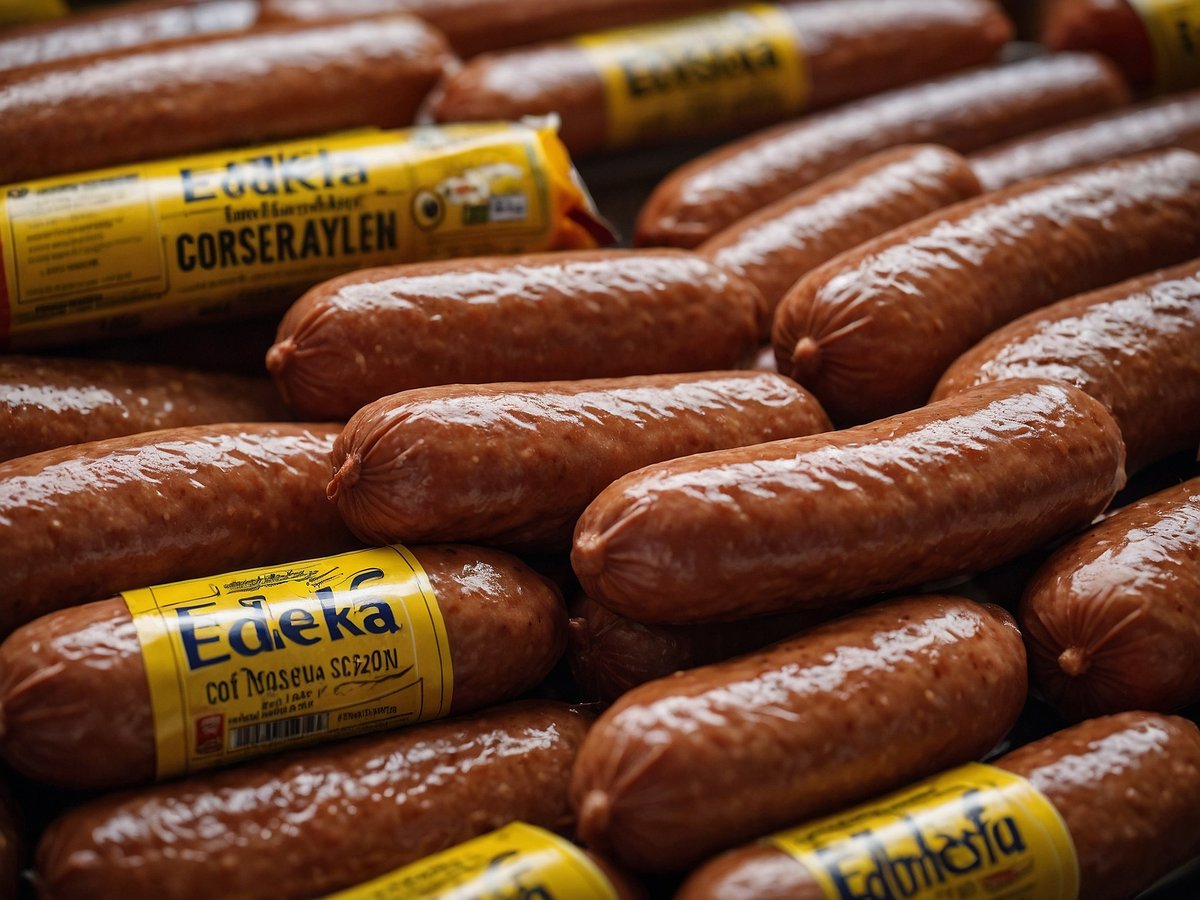 Auf dem Bild sind mehrere Packungen von Wiener Würstchen der Marke EDEKA zu sehen. Die Würstchen sind in einer rotbraunen Farbe und haben eine glänzende Oberfläche. Sie liegen dicht beieinander, einige sind teilweise übereinander gestapelt. Die Verpackungen sind mit gelben Etiketten gekennzeichnet, die Informationen zur Marke und zum Produkt enthalten. Eingekennzeichnete Produkte sind deutlich sichtbar und heben sich von den Würstchen ab.