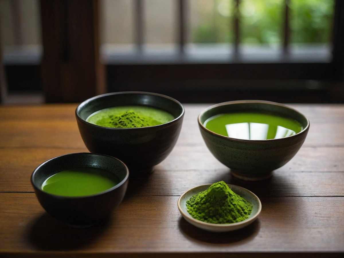 Auf dem Bild sind mehrere Schalen mit Matcha-Tee sowie eine kleine Schale mit Matcha-Pulver zu sehen. Zwei der Schalen enthalten flüssigen, hellgrünen Tee, während die dritte Schale eine dickflüssige Matcha-Zubereitung zeigt. Der Tisch besteht aus Holz und im Hintergrund sind unscharfe grüne Pflanzen zu erkennen, was eine ruhige, natürliche Atmosphäre schafft.