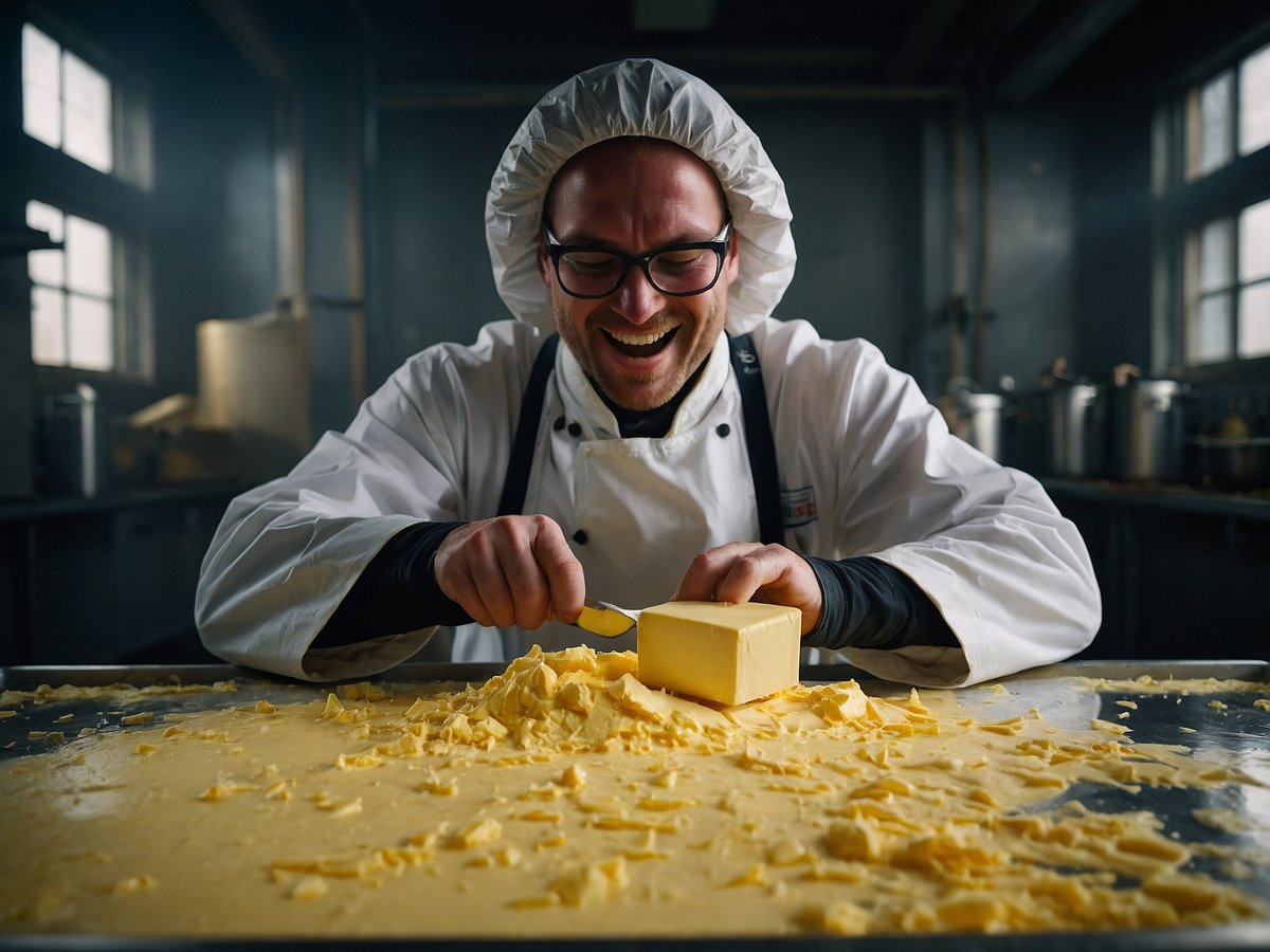 Ein Mann in einer Kochjacke und Haube sitzt an einem Tisch und schneidet mit einem Messer ein Stück Butter. Der Tisch ist mit butterartigen Stücken und einer dicken Schicht geschmolzener Butter bedeckt. Der Mann lächelt und wirkt begeistert bei der Arbeit. Im Hintergrund sind verschwommene Küchengeräte und Fenster sichtbar, die Licht in den Raum lassen. Butter-Rückruf: Metall in Frankenland und Penny Butter - Sofort handeln.