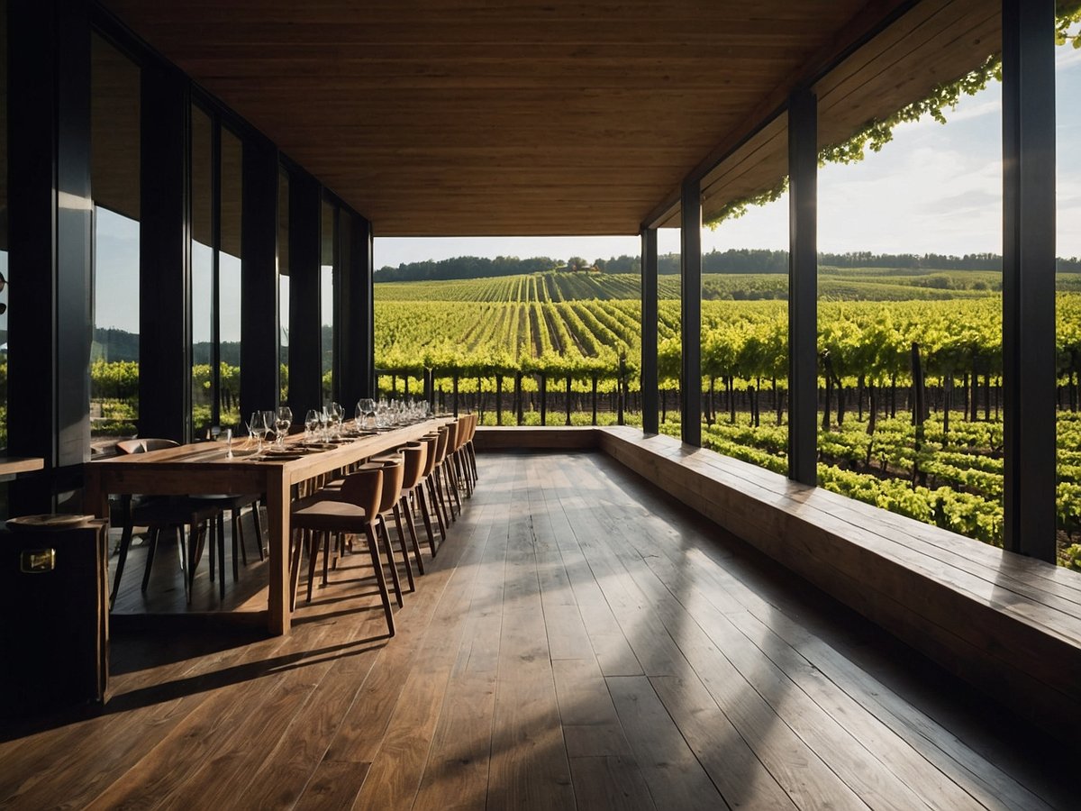 Ein moderner Weingutsraum mit großen Fenstern, die einen Blick auf üppige Weinreben bieten. In der Mitte des Raumes steht ein langes Holztisch mit stilvollen Stühlen und Gläsern, bereit für eine Weinverkostung oder ein Festmahl. Der Boden ist aus dunklem Holz und harmoniert visuell mit der warmen Beleuchtung des Raums. Die Landschaft draußen ist grün und sanft gewellt, mit einer malerischen Reihenanordnung der Weinstecklinge, die den Charme der Weinregion unterstreicht.