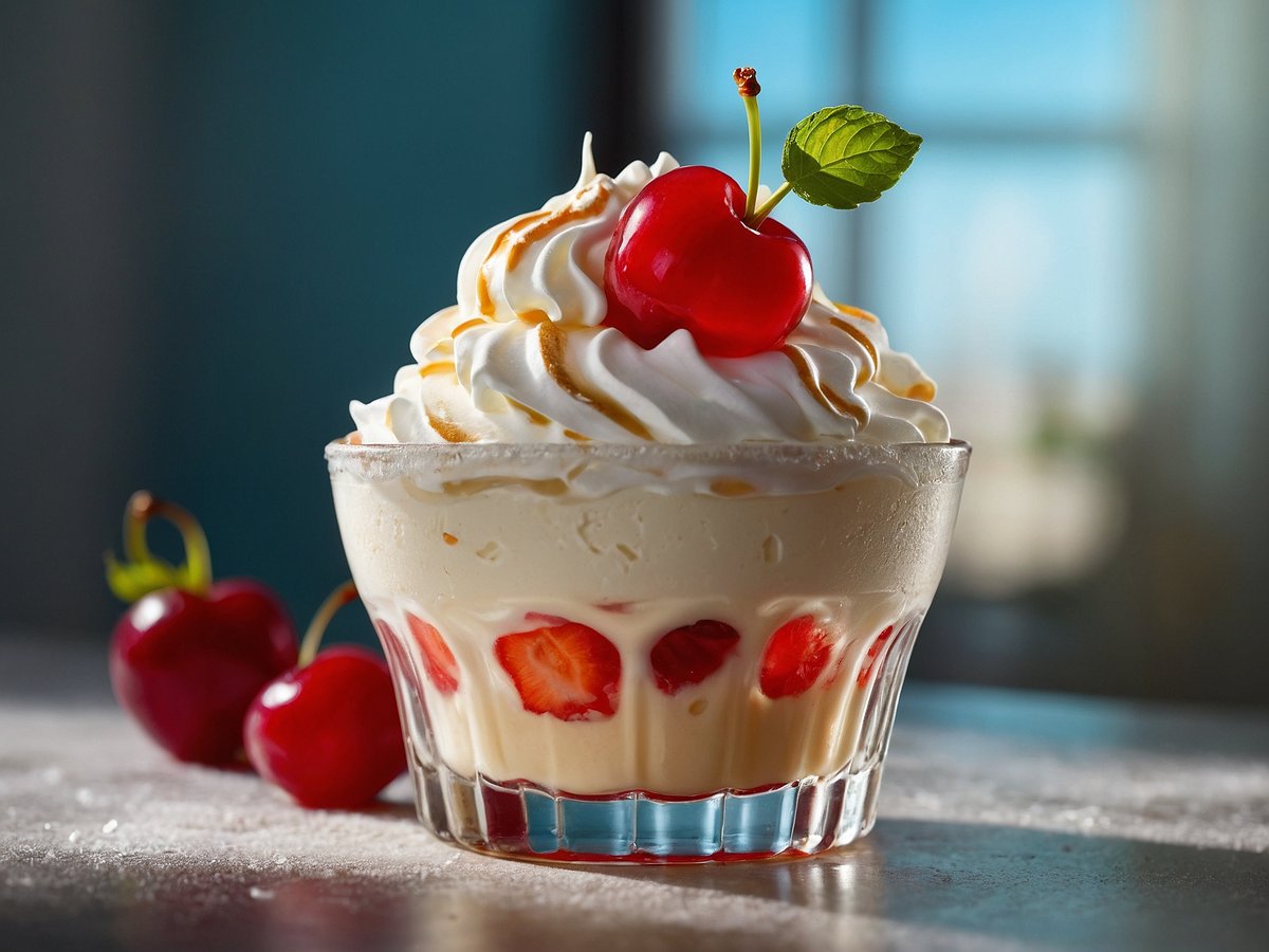 Ein Glas mit Ice Cream Soda ist gefüllt mit sahniger Eiscreme, die mit einer dekorativen Haube aus Schlagsahne bedeckt ist. Darauf sind zwei leuchtend rote Kirschen und ein grünes Minzblatt platziert. Im Glas sind Stücke von frischen Erdbeeren zu sehen. Im Hintergrund sind weitere Kirschen zu erkennen, während das Licht sanft auf die Szene fällt und eine appetitliche Atmosphäre schafft.