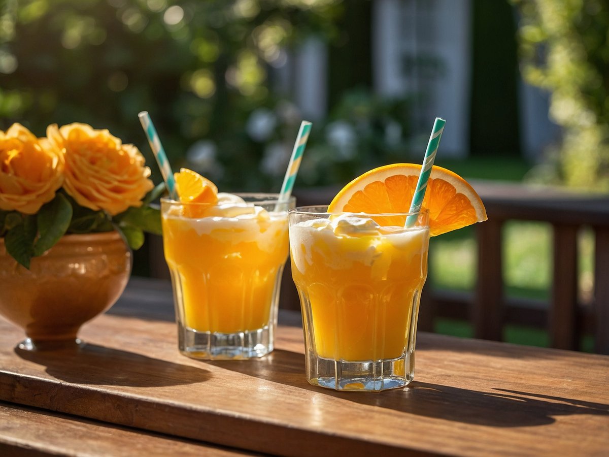 Zwei Gläser mit orangefarbenem Getränk stehen auf einem Holztisch. Die Gläser sind mit Sahne und einer Orangenscheibe dekoriert, und sie haben jeweils einen gestreiften Trinkhalm. Im Hintergrund sind eine Gruppe von gelben Rosen in einer Vase zu sehen, und die Szene ist von grünem, natürlichem Licht umgeben.